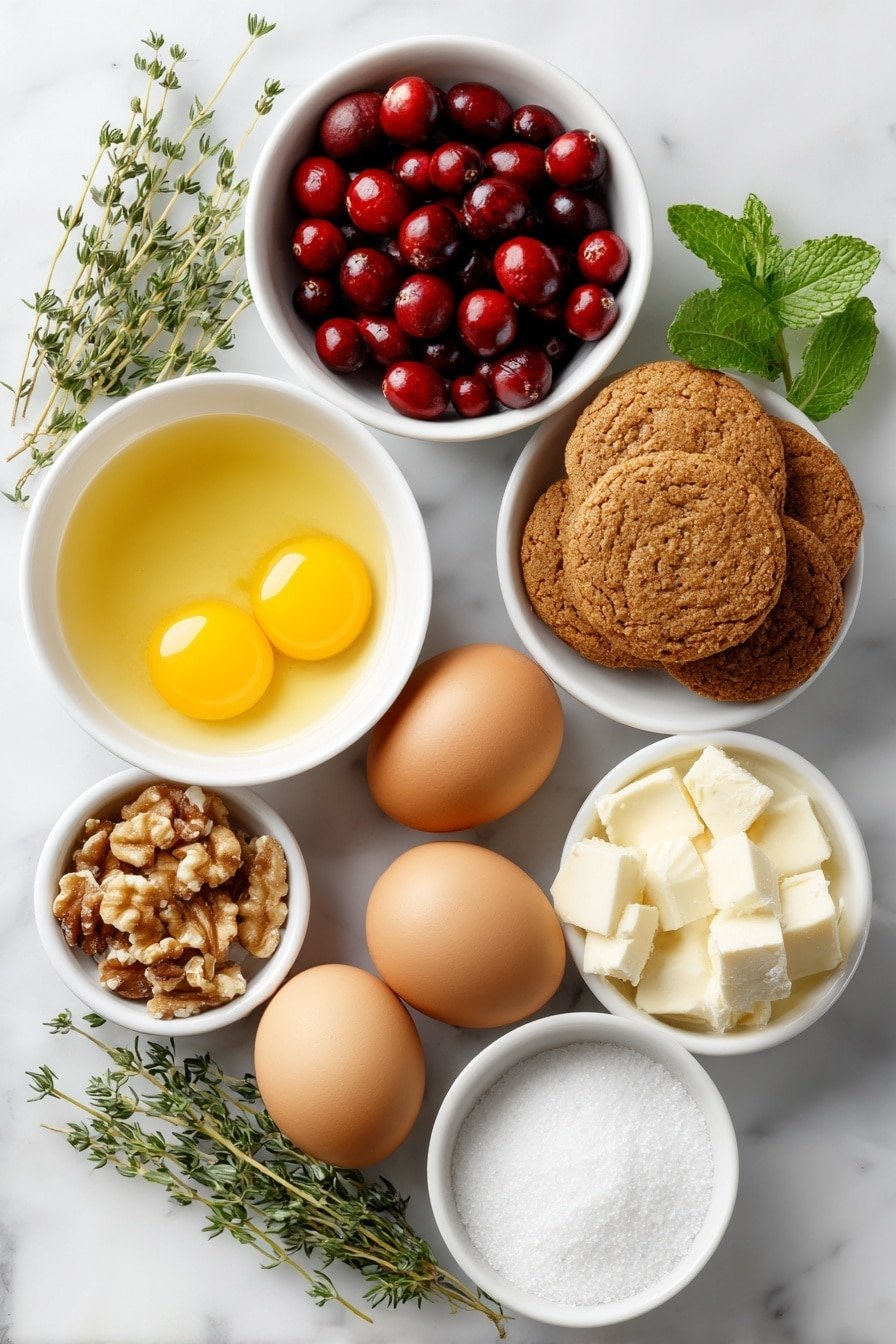 Flat lay of fresh whole cranberries scattered next to a small white ceramic bowl filled with fresh lemon juice, a few whole uncracked brown eggs arranged neatly beside four bright golden egg yolks separated in a small white bowl, a small pile of roughly chopped raw walnuts, a small white ceramic bowl containing light golden melted butter, a few whole gingersnap cookies stacked beside a small white bowl of light brown granulated brown sugar, a small white bowl with fine kosher salt, another small white bowl holding white granulated sugar, fresh green thyme sprigs and fresh mint leaves gently spread out, all placed on a clean white marble surface, soft natural light, photo taken with an iPhone, professional food photography style, fresh ingredients, white ceramic bowls, no bottles, no duplicates, no utensils, no packaging --ar 2:3 --v 7 --p m7354639359234015250 — Cranberry Gingersnap Pie, festive cranberry dessert, holiday pie recipe, easy fruit pie, spiced cranberry dessert
