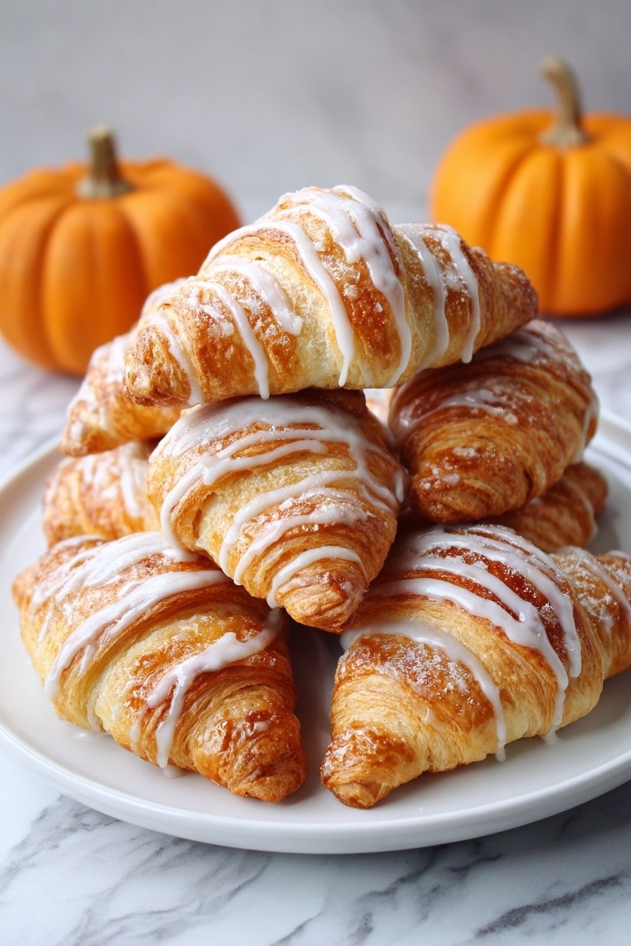 A white plate holds seven golden-brown croissants stacked in a pyramid shape, each croissant showing flaky layers with a shiny baked crust and drizzled with white icing in thin stripes across the top. The croissants have a soft texture with slightly crisp edges, and the background shows two small orange pumpkins on a white marbled surface. photo taken with an iphone --ar 2:3 --v 7 — Pumpkin Pie Crescent Rolls, fall dessert recipes, easy pumpkin roll ideas, flaky crescent roll treats, pumpkin spice pastry dishes