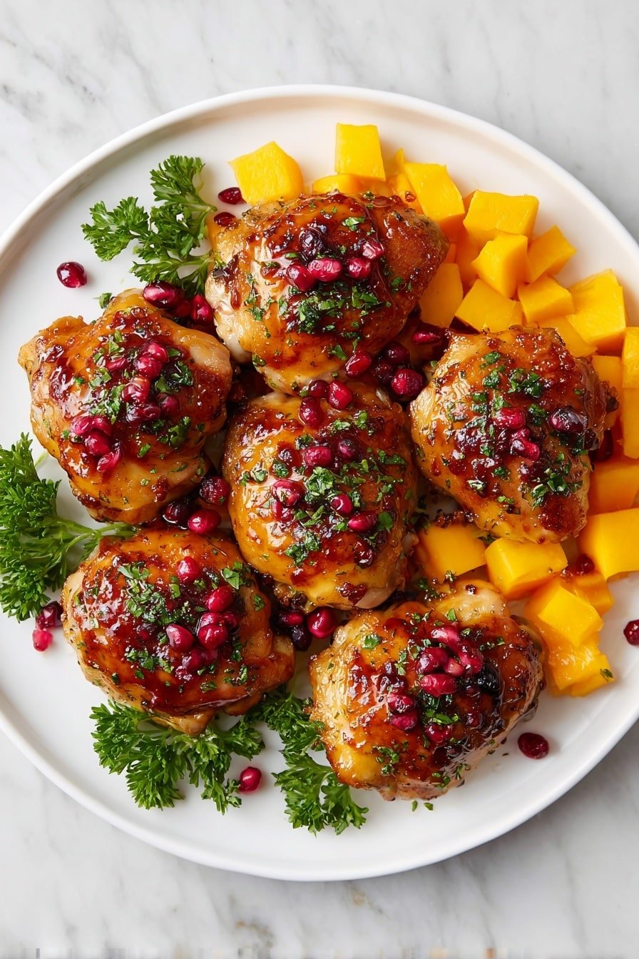 The image shows a black cast iron pan with four golden-brown cooked chicken thighs placed evenly inside. Around the chicken thighs are bright orange cubed pieces, likely roasted squash, scattered throughout the pan. The chicken thighs have a glossy texture with a sprinkle of green herbs on top and small red pomegranate seeds adding color and contrast. The pan sits on a white marbled surface. The overall look is warm, colorful, and fresh. photo taken with an iphone --ar 2:3 --v 7 — Cranberry Glazed Chicken with Roasted Carrots, Cranberry glazed chicken, Roasted carrots recipes, Easy holiday chicken dinner, Delicious cranberry chicken