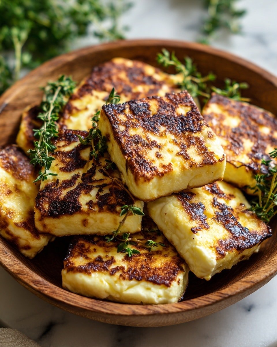 The image shows a white dish filled with several golden-brown, rectangular pieces of fried cheese. Each piece has a crispy, browned outer layer with some slight charring and soft, creamy white insides. The cheese pieces are sprinkled with small green herbs, adding a fresh look. On one side of the dish, there is a lemon wedge resting against the cheese. The dish sits on a white marbled surface with some fresh sprigs of green herbs nearby, and a striped cloth partially visible beside the dish. Photo taken with an iphone --ar 4:5 --v 7 — Halloumi with Honey and Thyme, Easy Halloumi with Honey and Thyme, Sweet and Savory Halloumi, Honey and Thyme Cheese Dish, Grilled Halloumi with Honey