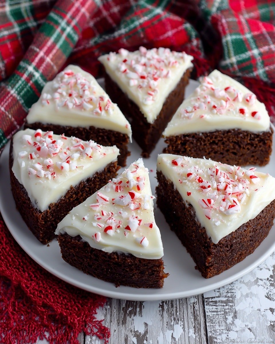 A white round plate holds six triangular dark brown cake slices arranged in a circle, each slice topped with a thick layer of smooth white frosting sprinkled with small red and white crushed candy pieces. The plate is placed on a wooden surface with a white marbled texture, partially covered by a red woven cloth and a colorful checkered cloth with red, green, and white patterns. The image captures the rich contrast between the dark cake and bright frosting, showing a cozy, festive look. Photo taken with an iphone --ar 4:5 --v 7 — Peppermint Mocha Scones, peppermint mocha pastry, festive holiday scones, easy homemade scones, chocolate peppermint baked goods