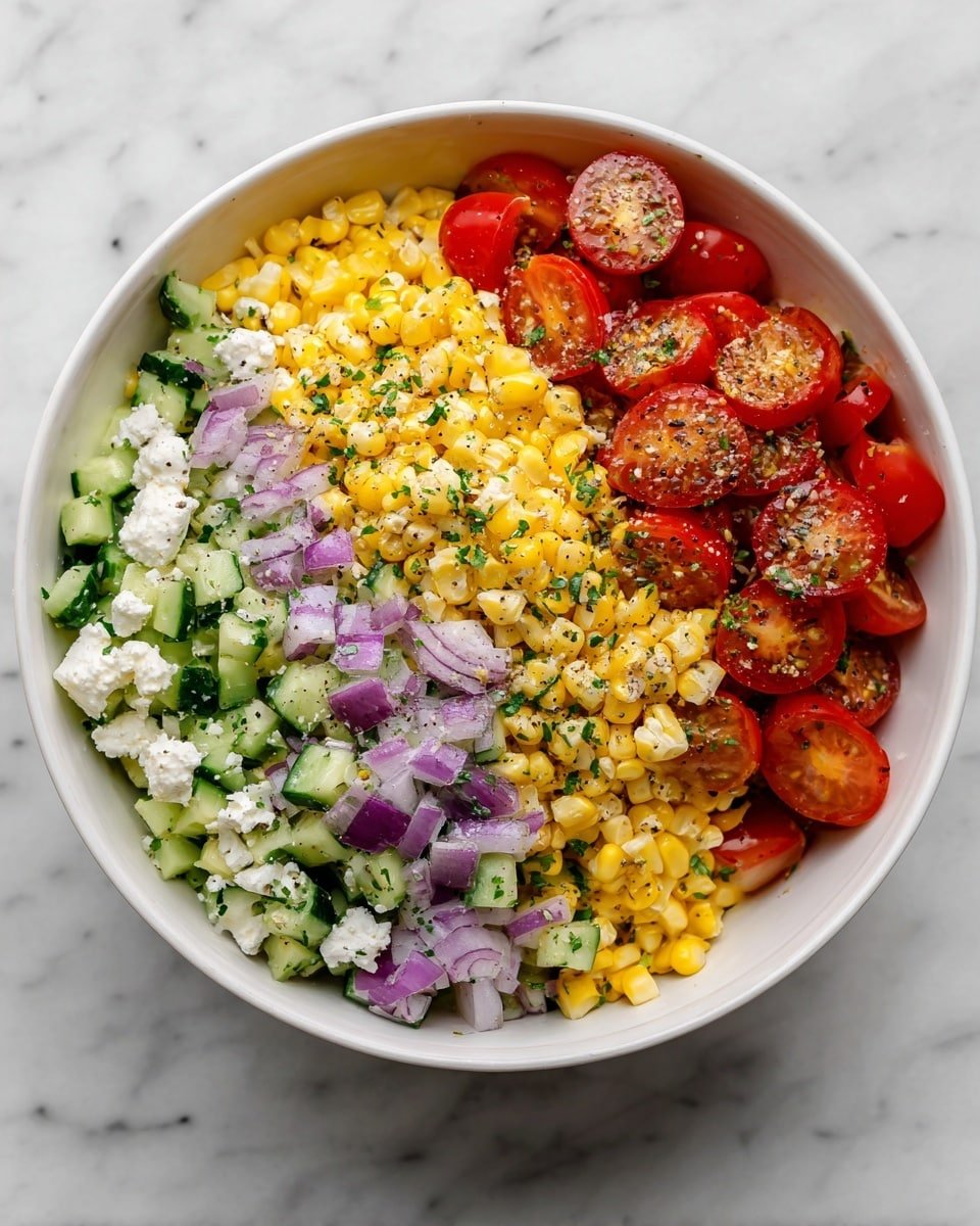 A bowl filled with a colorful corn salad showing three main layers: the first layer consists of bright yellow corn kernels spread evenly, mixed with small pieces of green cucumber and finely chopped purple onion; the second layer has halved, shiny red cherry tomatoes placed randomly, some on top and some peeking through; the third layer features small white chunks of cheese scattered throughout, all sprinkled with tiny green herbs and ground black pepper, giving the salad a fresh and vibrant look, the bowl is white and placed on a white marbled surface photo taken with an iphone --ar 4:5 --v 7 — Easy Corn Salad, fresh corn salad, summer corn salad recipe, how to make corn salad, simple corn salad side dish