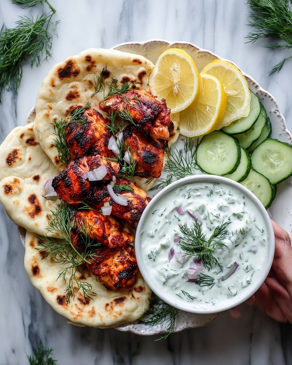 The image shows a white plate with three main layers: at the bottom, there are two pieces of flatbread with light brown grill marks; on top of the bread, there are several pieces of grilled chicken with a dark char and a reddish-brown color, garnished with fresh green dill and some small pieces of red onion. To the right of the chicken, there is a small white bowl filled with thick white sauce flecked with green herbs and topped with a sprig of dill. Next to the bowl, thin, curved slices of fresh cucumber are arranged neatly. Two lemon wedges with bright yellow skin are placed on the left side of the plate. The plate is placed on a white marbled surface with some green dill sprigs around. photo taken with an iphone --ar 4:5 --v 7 — Chicken Shawarma, homemade Chicken Shawarma, easy Shawarma recipe, flavorful chicken marinade, Middle Eastern chicken dishes