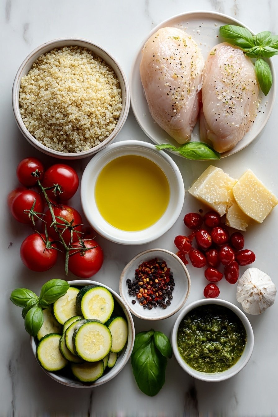 Pesto Chicken Quinoa Bowl Recipe - Ingredients Image — Pesto Chicken Quinoa Bowl, healthy quinoa bowl, easy pesto chicken recipe, nutritious weeknight dinner, gluten-free chicken quinoa dish