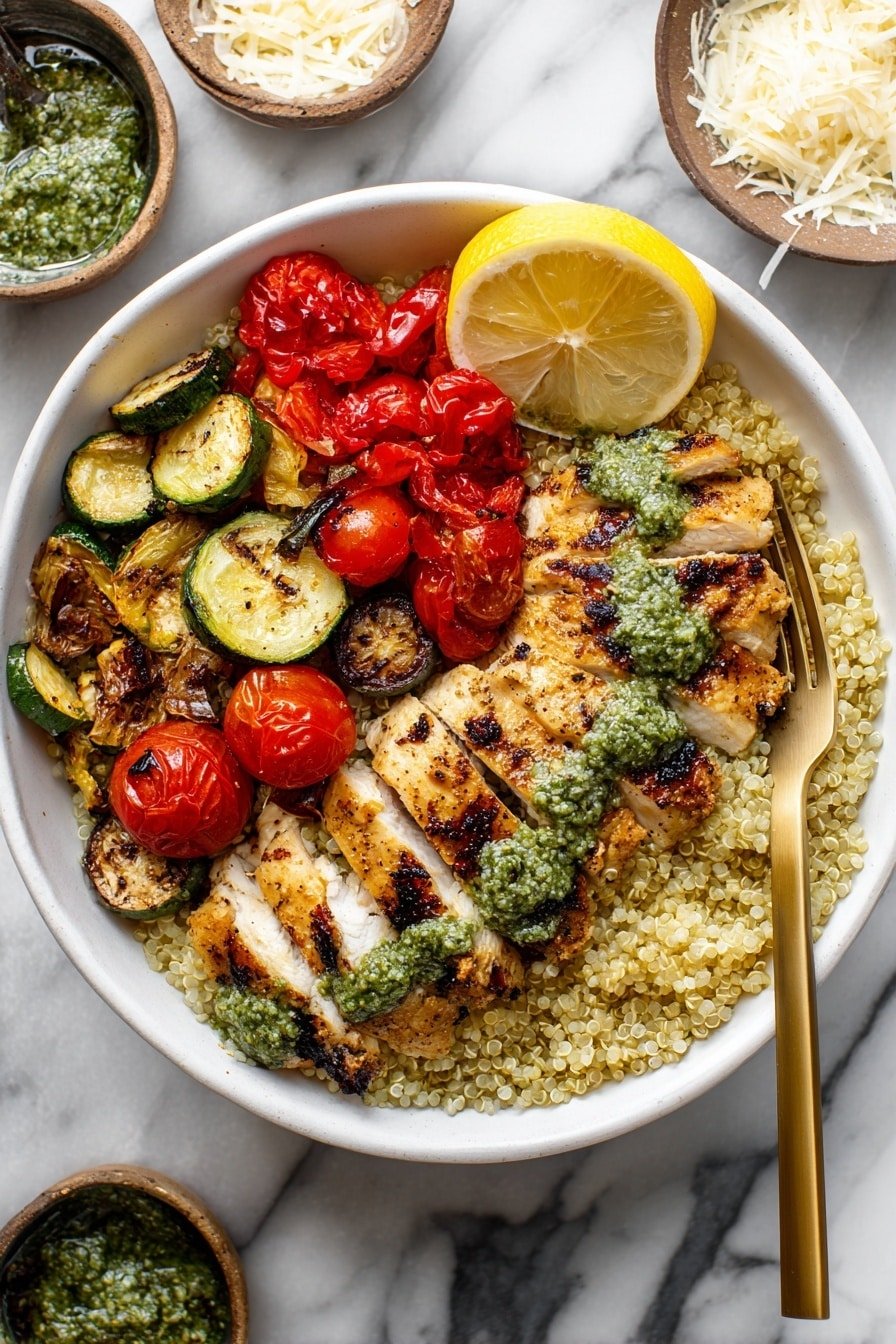 Pesto Chicken Quinoa Bowl Recipe - Article Image 1 — Pesto Chicken Quinoa Bowl, healthy quinoa bowl, easy pesto chicken recipe, nutritious weeknight dinner, gluten-free chicken quinoa dish