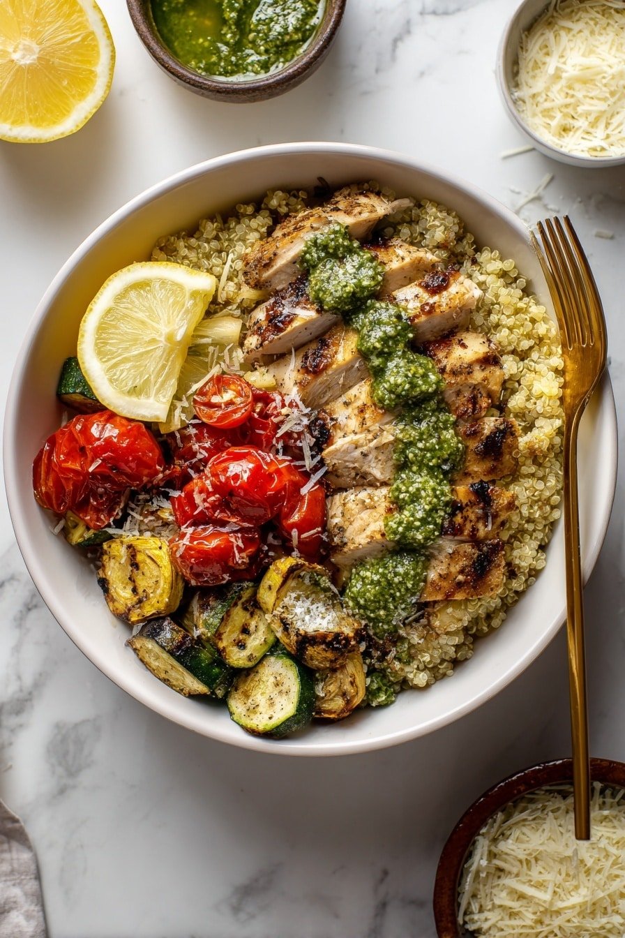 Pesto Chicken Quinoa Bowl Recipe - Article Image 2 — Pesto Chicken Quinoa Bowl, healthy quinoa bowl, easy pesto chicken recipe, nutritious weeknight dinner, gluten-free chicken quinoa dish