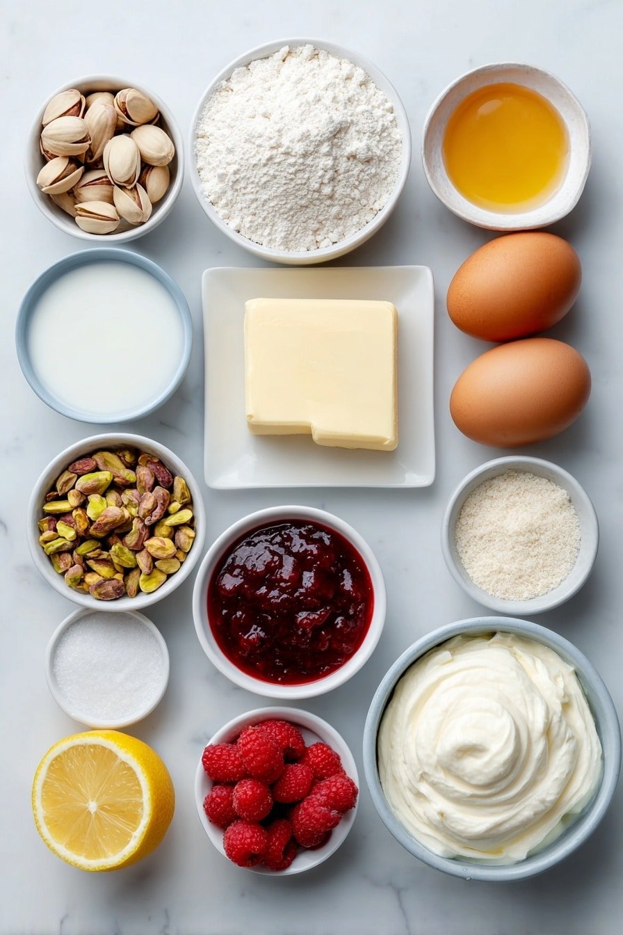 Pistachio Raspberry Cake Recipe - Ingredients Image — Pistachio Raspberry Cake, easy pistachio raspberry cake, pistachio raspberry dessert, homemade pistachio raspberry cake, festive raspberry pistachio cake