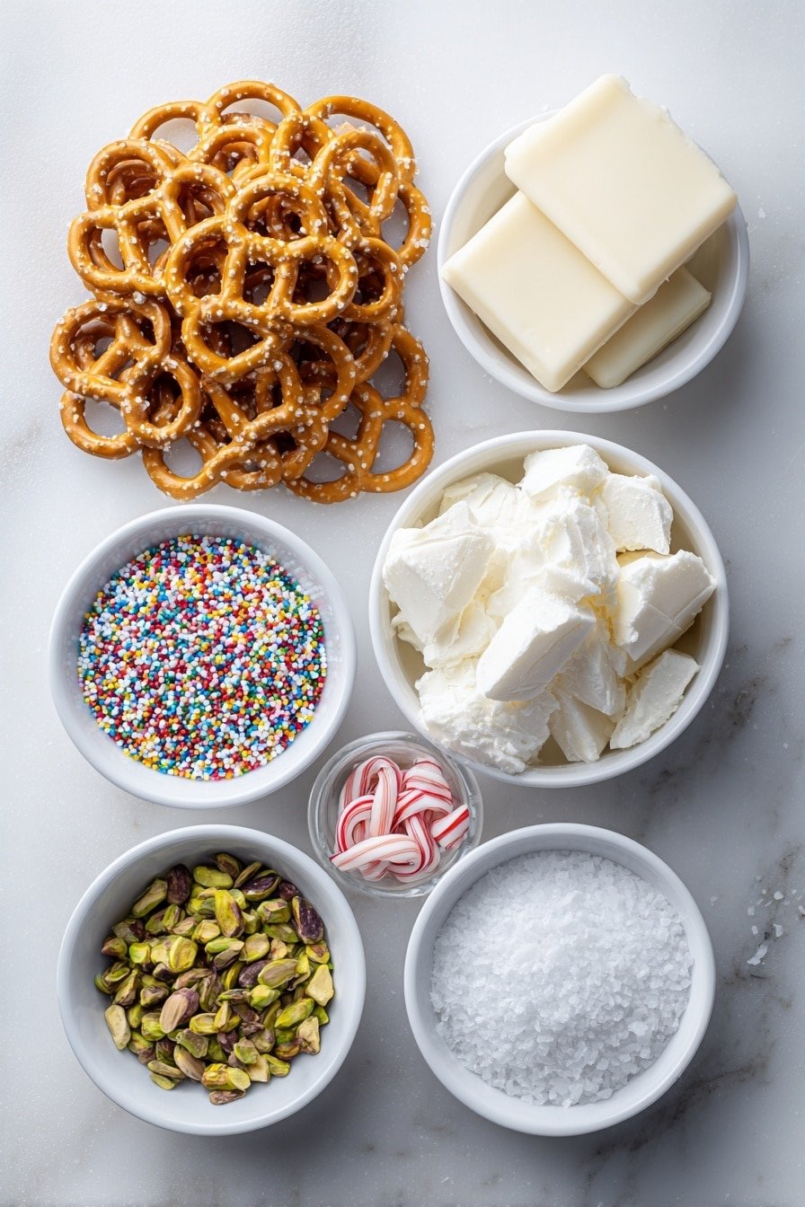 White Chocolate Pretzel Bites Recipe - Ingredients Image — White Chocolate Pretzel Bites, salted sweet snacks, easy pretzel treats, homemade chocolate pretzels, quick dessert bites