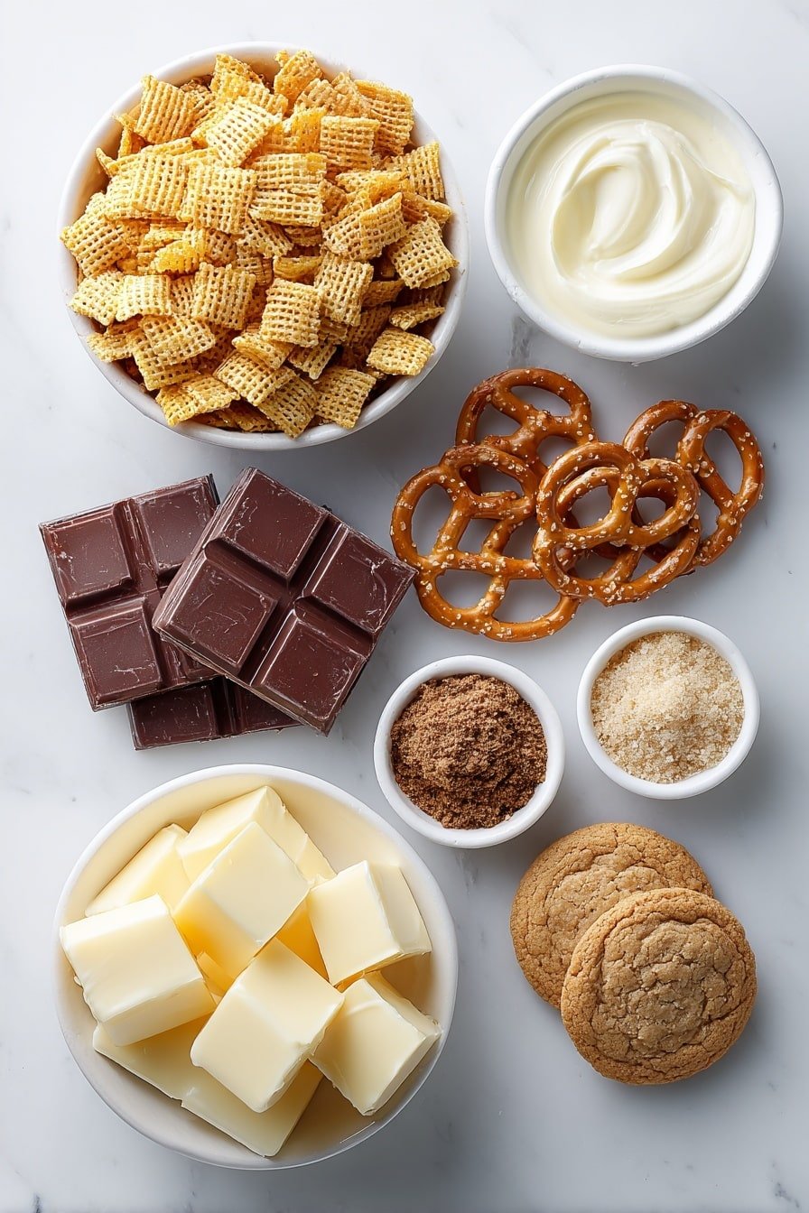 Gingerbread Party Mix Recipe - Ingredients Image — Gingerbread Party Mix, holiday snack mix, festive treat recipe, spice cookie snack, crunchy gingerbread snack