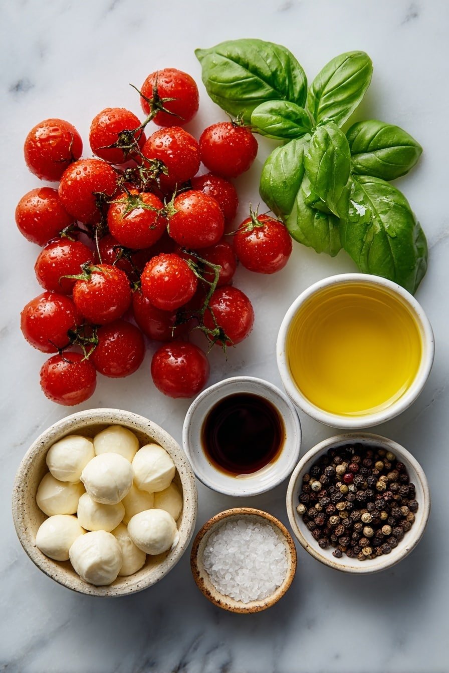 Mini Caprese Skewers with Balsamic Glaze Recipe - Ingredients Image — Mini Caprese Skewers with Balsamic Glaze, Caprese Skewers appetizer, Cherry Tomato and Mozzarella Skewers, Easy Caprese Salad Bites, Balsamic Glaze Drizzle Recipe