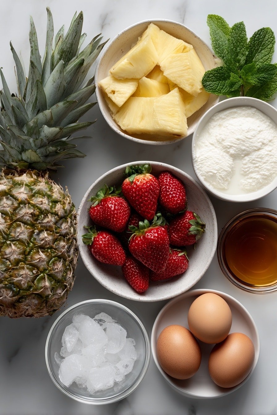 Virgin Strawberry Pina Colada Recipe - Ingredients Image — Virgin Strawberry Pina Colada, non-alcoholic tropical drink, easy fruit smoothie recipe, healthy summer beverage, virgin pina colada ideas