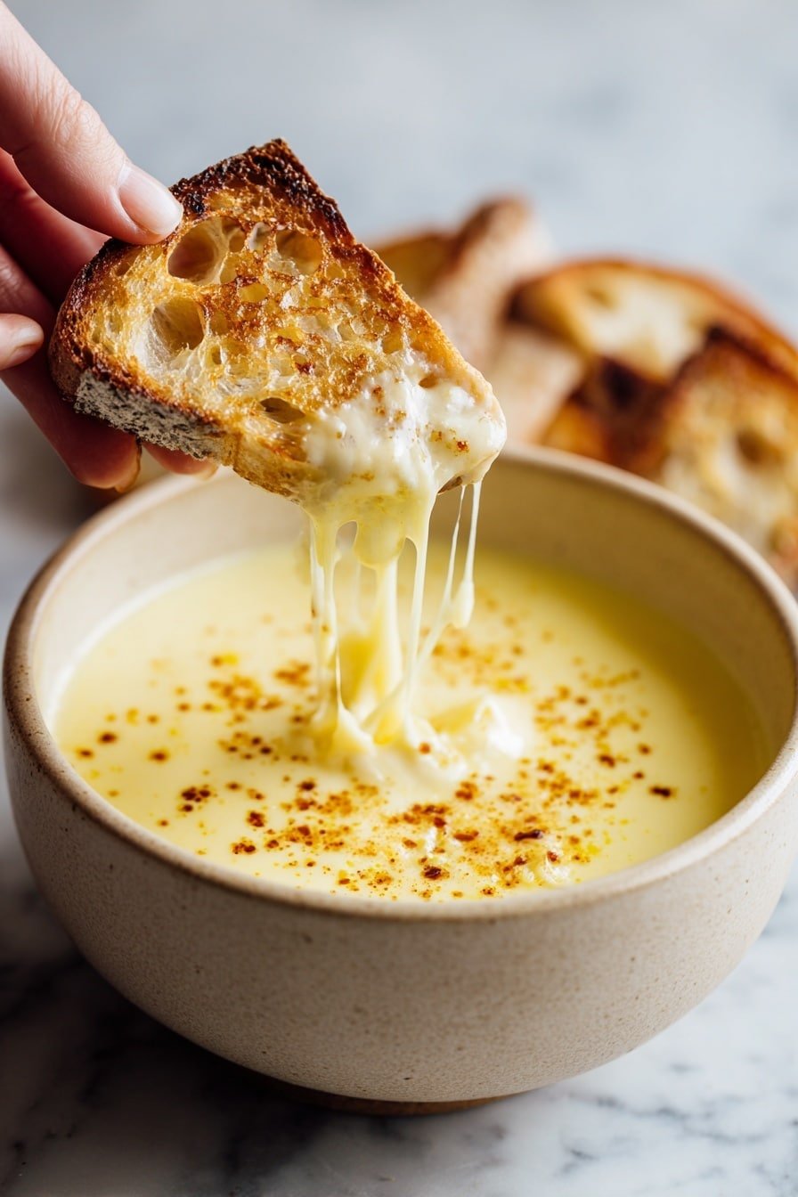 Creamy White Cheddar Cheese Fondue Recipe - Article Image 1 — Creamy White Cheddar Cheese Fondue, cheese fondue recipe, melted cheese dip, cozy appetizer, gooey cheese dip for entertaining