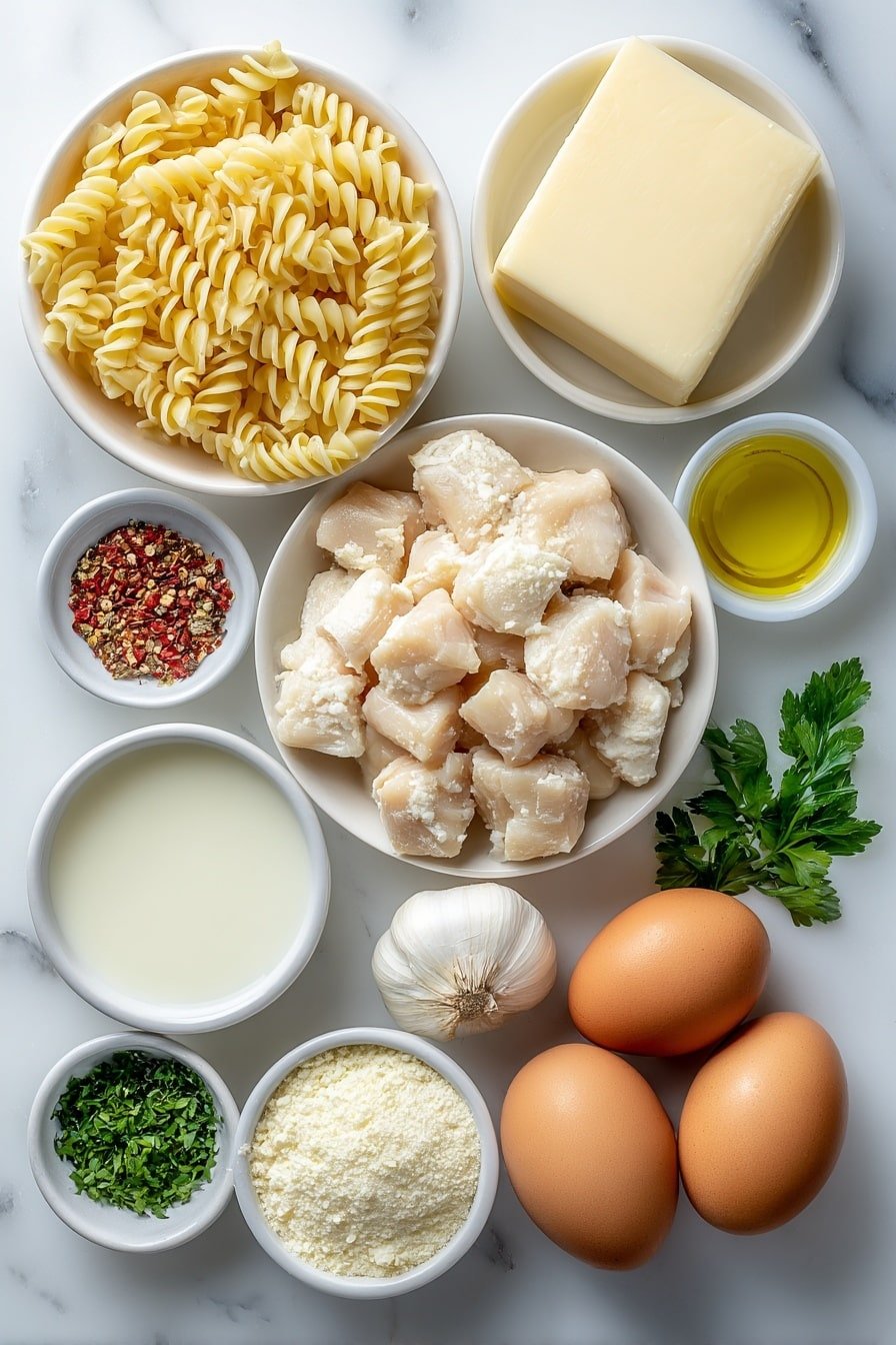 Creamy Garlic Parmesan Chicken Pasta Recipe - Ingredients Image — Creamy Garlic Parmesan Chicken Pasta, easy chicken pasta dish, comforting creamy pasta recipe, garlic parmesan chicken skillet, quick creamy chicken dinner