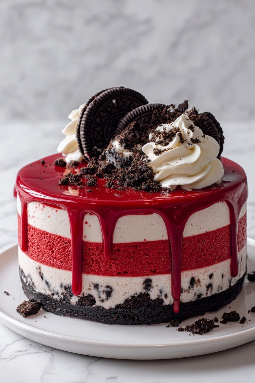 Red Velvet Oreo Cheesecake Recipe - Article Image 1 — Red Velvet Oreo Cheesecake, Red Velvet Oreo Cheesecake recipe, Oreo cheesecake with red velvet flavor, indulgent red velvet dessert, homemade Oreo cheesecake with velvet twist