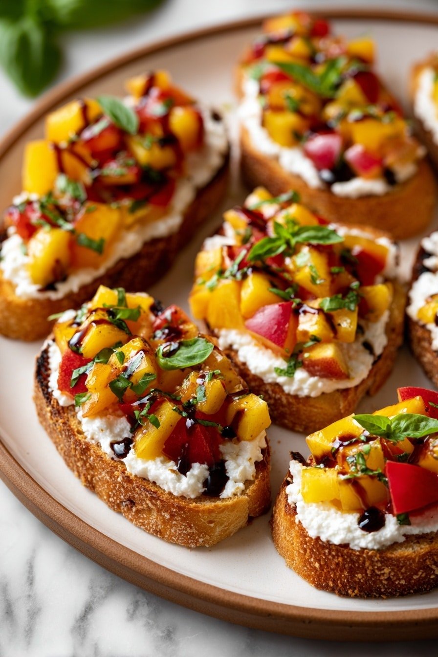 Peach Ricotta Bruschetta Recipe - Article Image 1 — Peach Ricotta Bruschetta, peach and ricotta appetizer, summer bruschetta ideas, easy fruit appetizer, fresh peach recipes