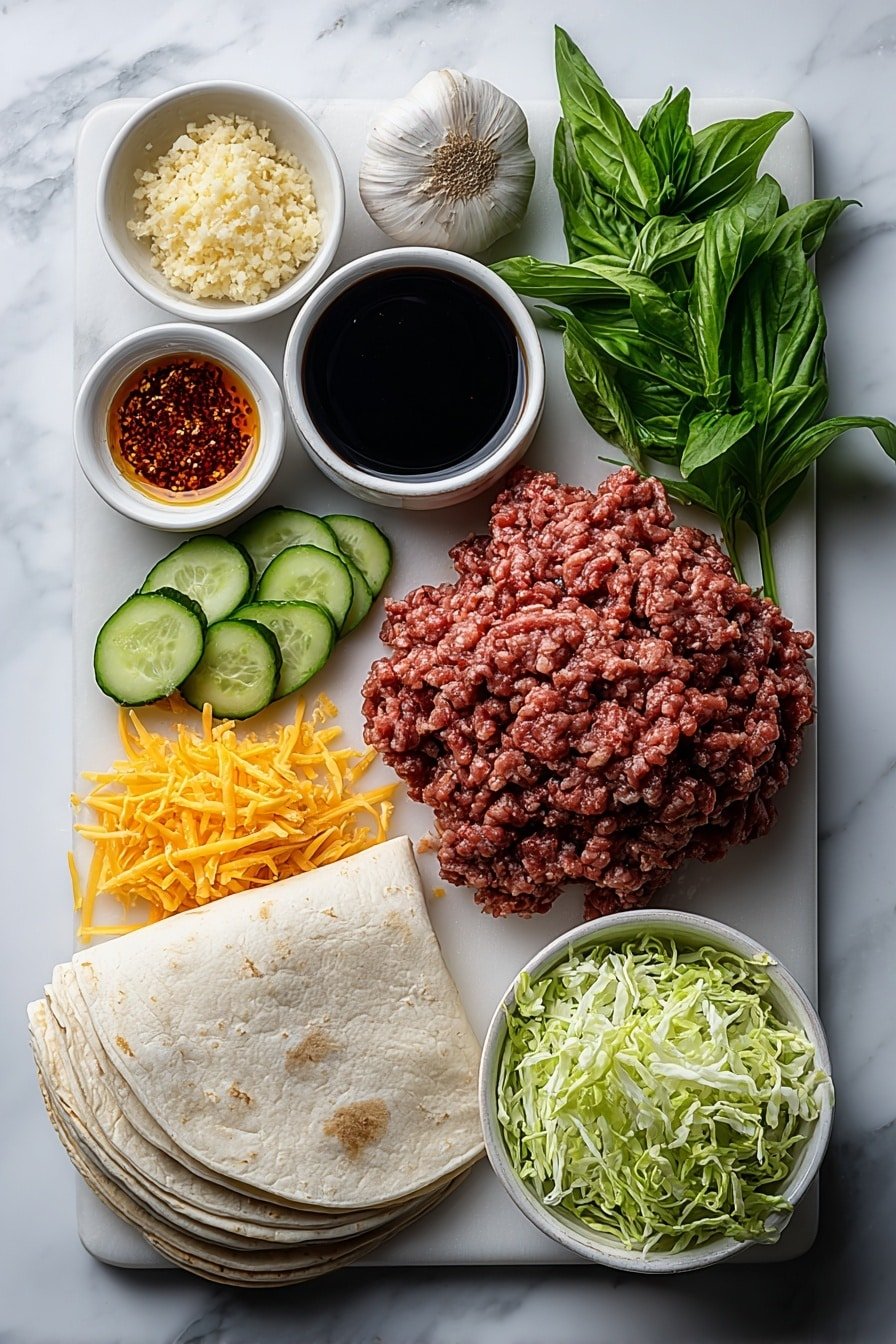 Flat lay of a small mound of fresh ground beef, two whole uncracked brown garlic cloves, a thin piece of fresh ginger root with grated texture, a small white bowl of dark soy sauce, a small white bowl of thick oyster sauce, a small white bowl of sticky hoisin sauce, a small white bowl with bright red chili flakes, a handful of vibrant green Thai basil leaves, a neat stack of small soft flour tortillas, a small pile of crisp shredded lettuce, a small pile of finely shredded bright orange carrot, thin pale green cucumber slices arranged in a fan, a small white bowl with a glossy mixture of soy sauce, lime juice, honey, and sesame oil, all arranged in perfect symmetry on a clean white ceramic background placed on a clean white marble surface, soft natural light, photo taken with an iPhone, professional food photography style, fresh ingredients, white ceramic bowls, no bottles, no duplicates, no utensils, no packaging --ar 2:3 --v 7 --p m7354639359234015250 — Thai Basil Beef Spring Rolls, Thai Basil Beef Spring Rolls recipe, Thai spring rolls with beef and basil, easy Thai spring roll recipe, Thai beef and herb wraps