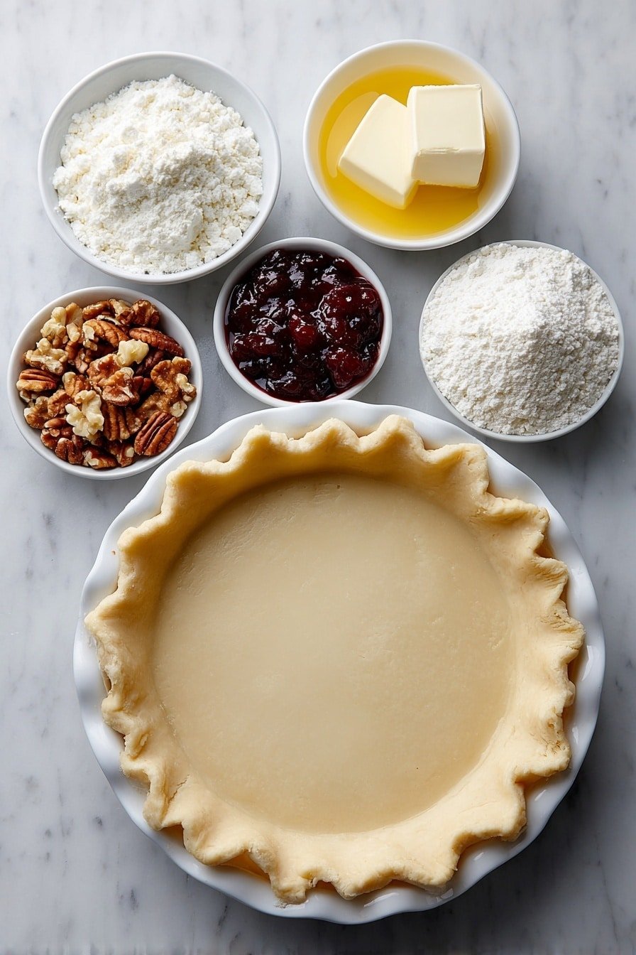 Flat lay of a round, unbaked pale pie crust in a simple white ceramic pie dish, a block of smooth cream cheese, a small white bowl of thick sweetened condensed milk, a small white bowl with bright yellow lemon juice, a small pinch of coarse salt on the surface, a small mound of deep red whole-berry cranberry sauce, a small white bowl of pale white flour, a small white bowl of white granulated sugar, a small white bowl with melted golden butter, and a small pile of mixed chopped nuts including almonds, pecans, and walnuts, arranged symmetrically and balanced, placed on a clean white marble surface, soft natural light, photo taken with an iPhone, professional food photography style, fresh ingredients, white ceramic bowls, no bottles, no duplicates, no utensils, no packaging --ar 2:3 --v 7 --p m7354639359234015250 — Cranberry Cream Cheese Pie, cranberry dessert recipes, easy holiday pie, creamy fruit pie, how to make cranberry pie