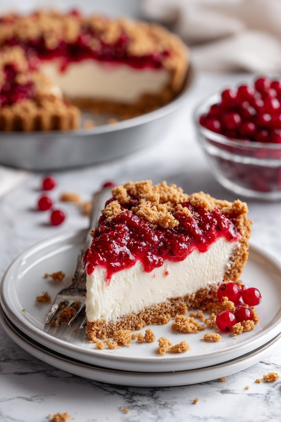 A slice of pie stands on a white plate with a crumbly brown crust forming the base and edges; on top is a thick creamy white layer followed by a bright red berry topping mixed with that same crumbly brown texture scattered all over. The background shows a whole pie in a metal pan and a glass bowl filled with red berries, all placed on a white marbled surface. The crumb texture looks crunchy, and the berry layer appears juicy and fresh, creating a nice contrast with the smooth creamy middle layer photo taken with an iphone --ar 2:3 --v 7 — Cranberry Cream Cheese Pie, cranberry dessert recipes, easy holiday pie, creamy fruit pie, how to make cranberry pie
