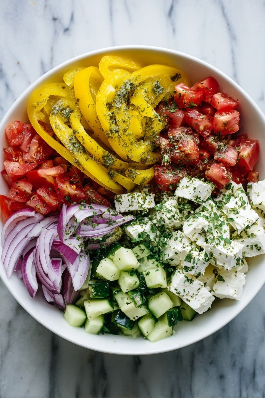 The image shows a round white bowl filled with five neatly arranged layers of different foods, placed on a white marbled surface. At the top left, there is a layer of sliced green cucumbers with visible seeds, next to bright red diced tomatoes on the top right. The bottom left layer has small, pale pink cubes of meat, and beside it, the bottom center layer is white chunks with green herbs sprinkled on top. Finally, the bottom right layer contains bright yellow sliced peppers. The bowl is viewed from above, showing each colorful layer clearly. Photo taken with an iphone --ar 2:3 --v 7 — Italian Sub Salad, Italian Sub Salad recipe, Italian sandwich salad, easy Italian salad, hearty Italian lunch