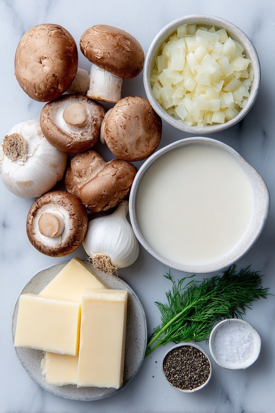 Creamy Mushroom Julienne Recipe - Ingredients Image — Creamy Mushroom Julienne, mushroom appetizer, Russian mushroom dish, cheesy mushroom bake, savory mushroom recipes