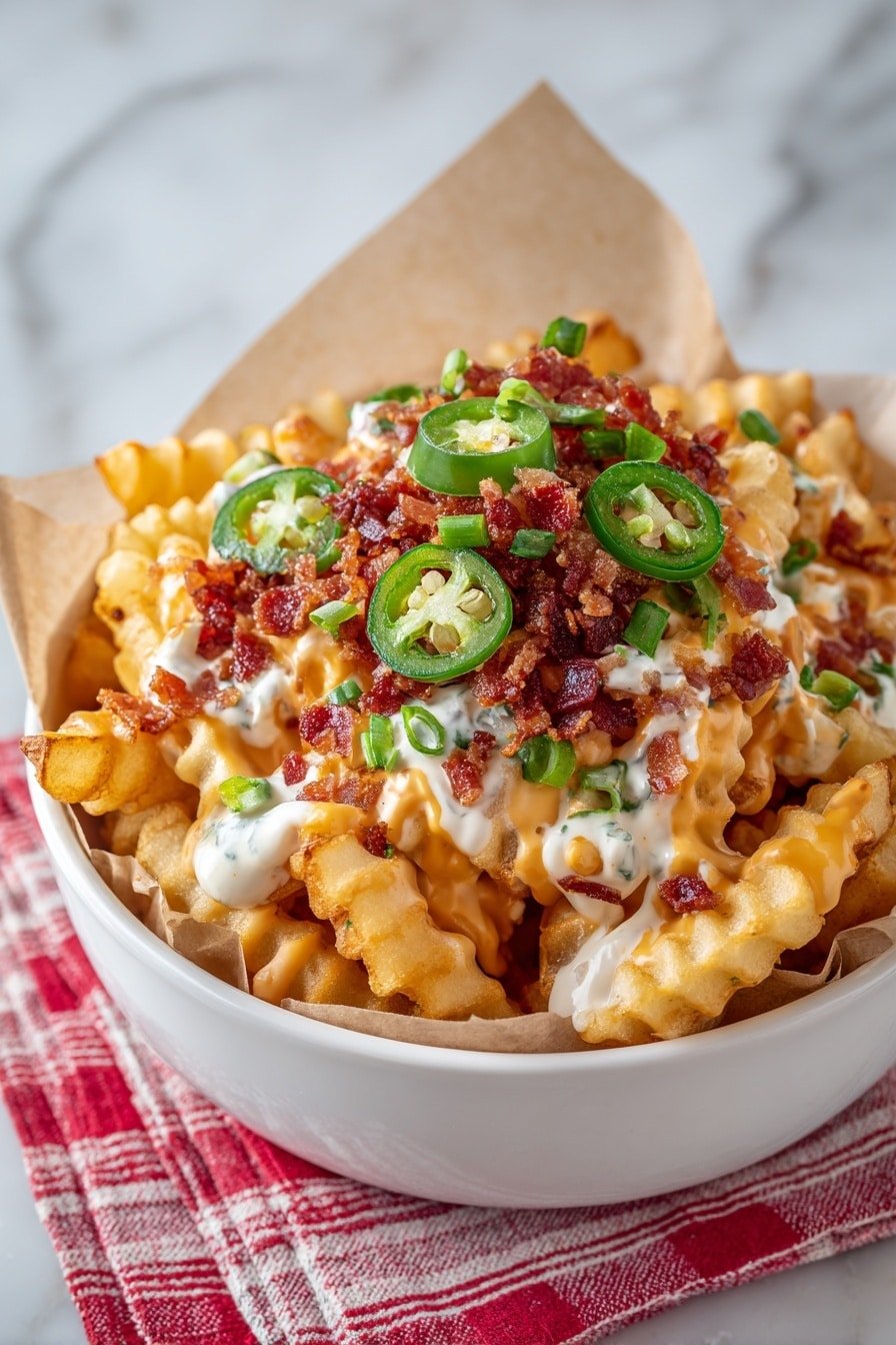 Crispy Cheddar Bacon Voodoo Fries Recipe - Article Image 2 — Crispy Cheddar Bacon Voodoo Fries, crispy cheesy loaded fries, bacon loaded fries recipe, comfort food fries with bacon and cheese, easy spicy fry appetizer