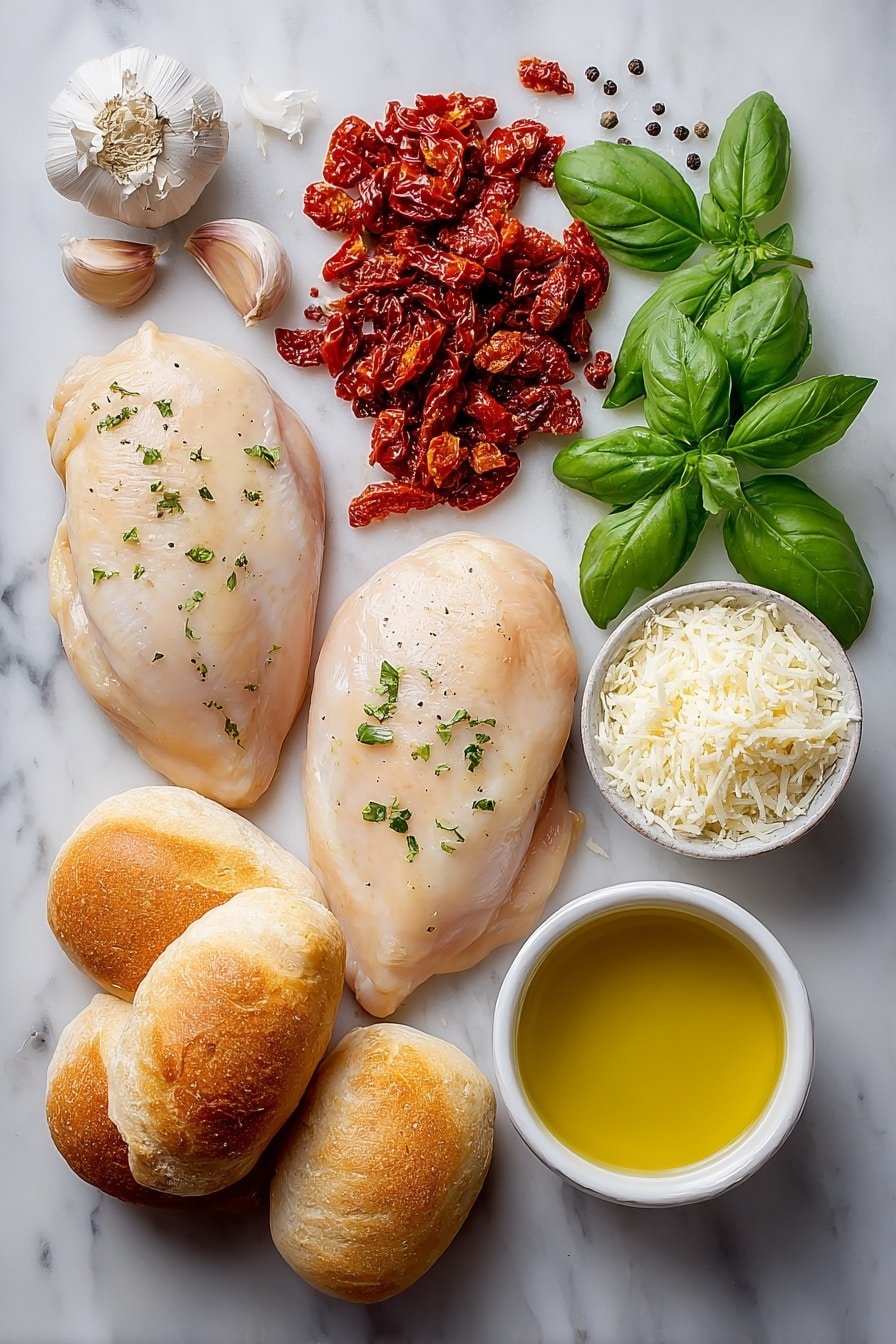 Creamy Sun-Dried Tomato Chicken Sandwich Recipe - Ingredients Image — Creamy Sun-Dried Tomato Chicken Sandwich, easy chicken sandwich recipes, flavorful chicken sandwich for lunch, gourmet chicken sandwich ideas, quick dinner sandwich recipes