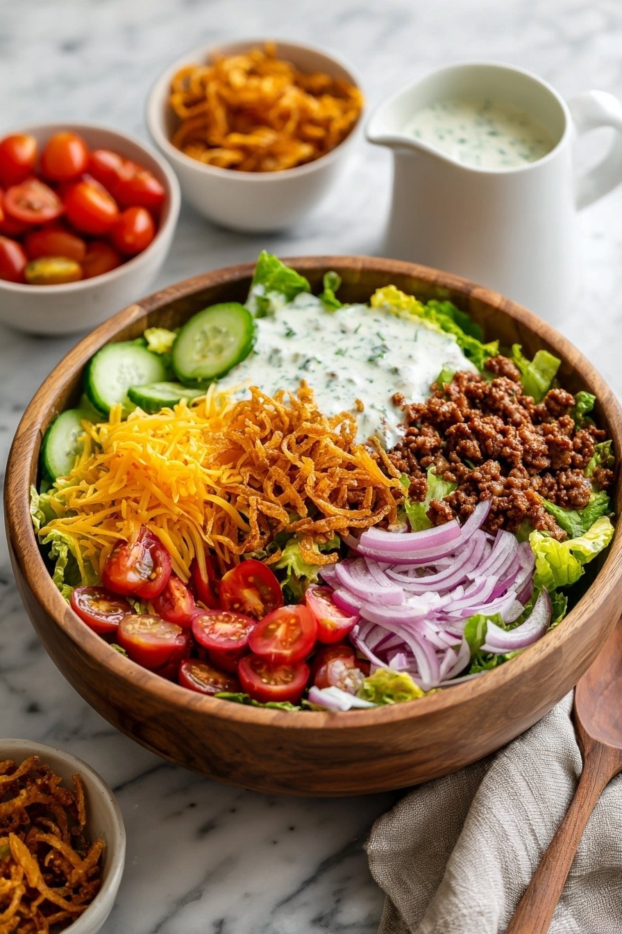 Crispy Rice Cheeseburger Salad Recipe - Article Image 2 — Crispy Rice Cheeseburger Salad, cheeseburger salad, crispy rice salad, easy cheeseburger bowl, DIY burger salad