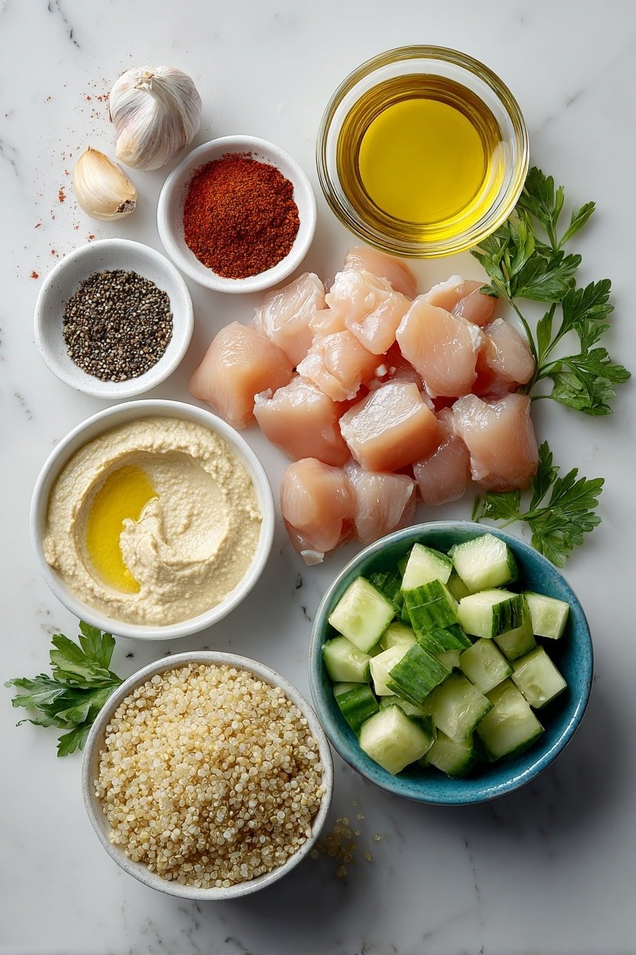 Spicy Garlic Chicken Bowl with Hummus Recipe - Ingredients Image — Spicy Garlic Chicken Bowl with Hummus, spicy chicken bowl, garlic chicken recipe, healthy chicken bowl, quick hummus bowl