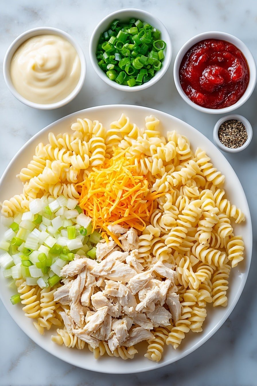 Buffalo Chicken Pasta Salad Recipe - Ingredients Image — Buffalo Chicken Pasta Salad, spicy chicken pasta salad with buffalo sauce, easy buffalo chicken pasta recipe, creamy buffalo chicken pasta dish, flavorful pasta salad with buffalo flavor