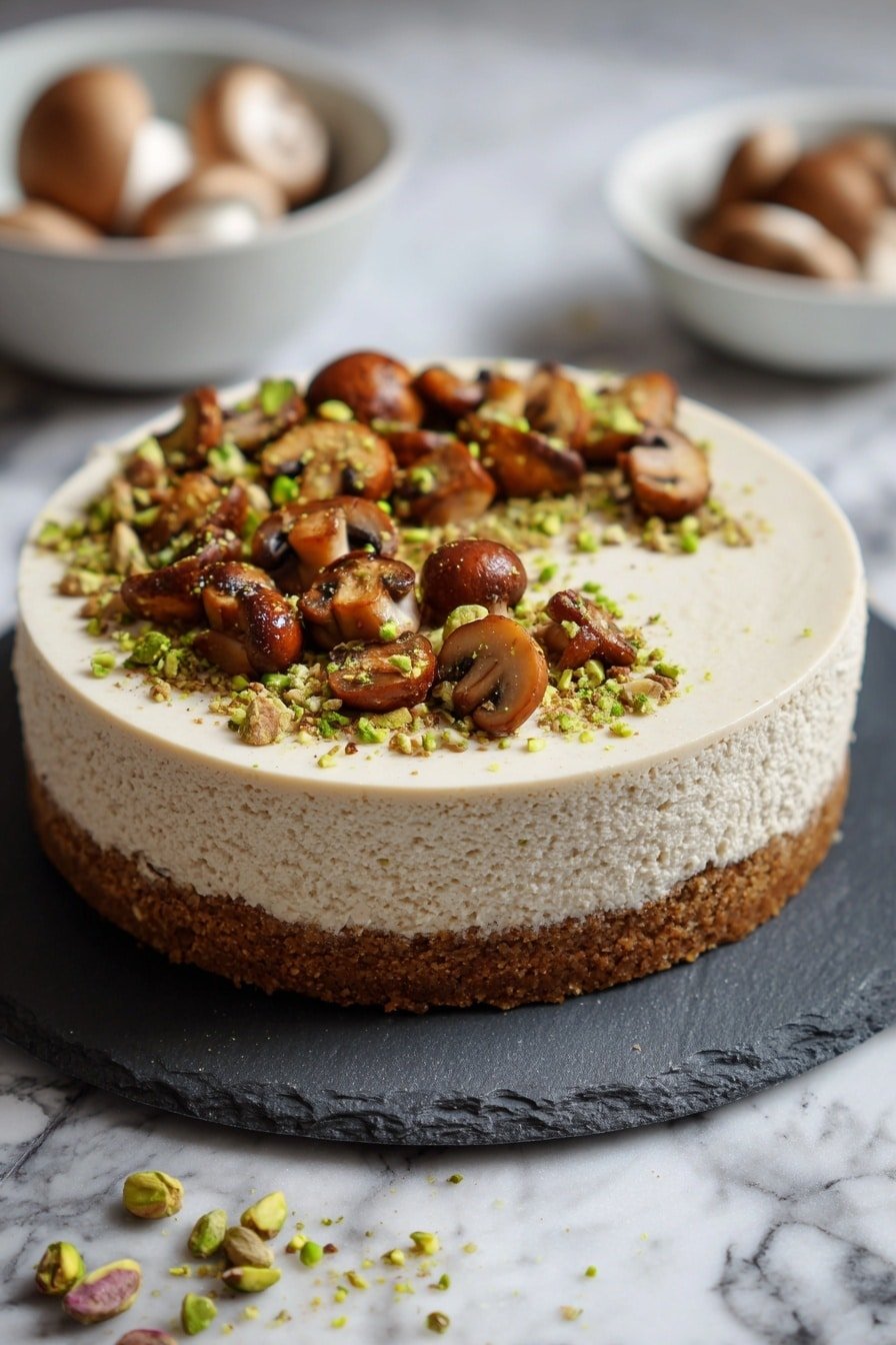 Pistachio Mushroom Cheesecake Recipe - Article Image 2 — Pistachio Mushroom Cheesecake, savory cheesecake, mushroom dessert, pistachio tart, gourmet cheesecake
