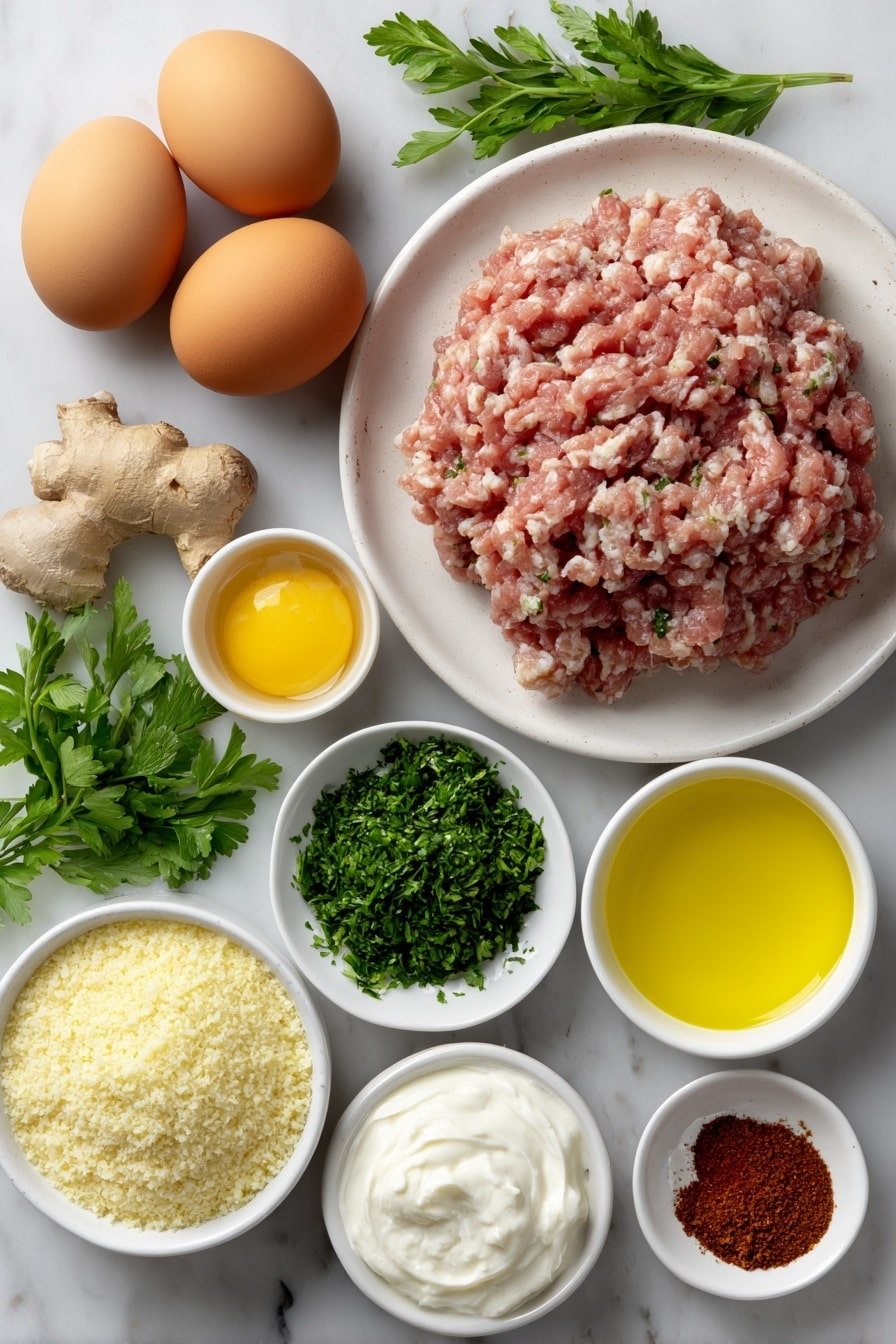 Flat lay of raw ground chicken shaped loosely in a mound, a medium onion finely grated on a simple white ceramic plate, three whole uncracked brown eggs arranged neatly, an inch-long piece of fresh ginger root with rough skin, fresh green parsley finely chopped in a small white bowl, fresh cilantro leaves finely chopped in a second small white bowl, plain panko breadcrumbs in a third small white bowl, bright yellow lemon juice in a fourth small white bowl, creamy plain full-fat Greek yogurt in a fifth small white bowl, a few fresh mint leaves loosely scattered and finely chopped mint in a sixth small bowl, three whole garlic cloves unpeeled and three peeled garlic cloves minced, small heaps of ground cumin, ground coriander, smoked paprika, cayenne pepper, salt, and black pepper artistically arranged in small piles on the white ceramic surface, and a small white bowl with golden olive oil—all elements symmetrically arranged and balanced, placed on a clean white marble surface, soft natural light, photo taken with an iPhone, professional food photography style, fresh ingredients, white ceramic bowls, no bottles, no duplicates, no utensils, no packaging --ar 2:3 --v 7 --p m7354639359234015250 — Garlic Yogurt Chicken Kofta, Chicken Kofta with Garlic Yogurt Sauce, Easy Garlic Chicken Kofta, Spiced Chicken Kofta Recipe, Comforting Chicken Kofta Dish