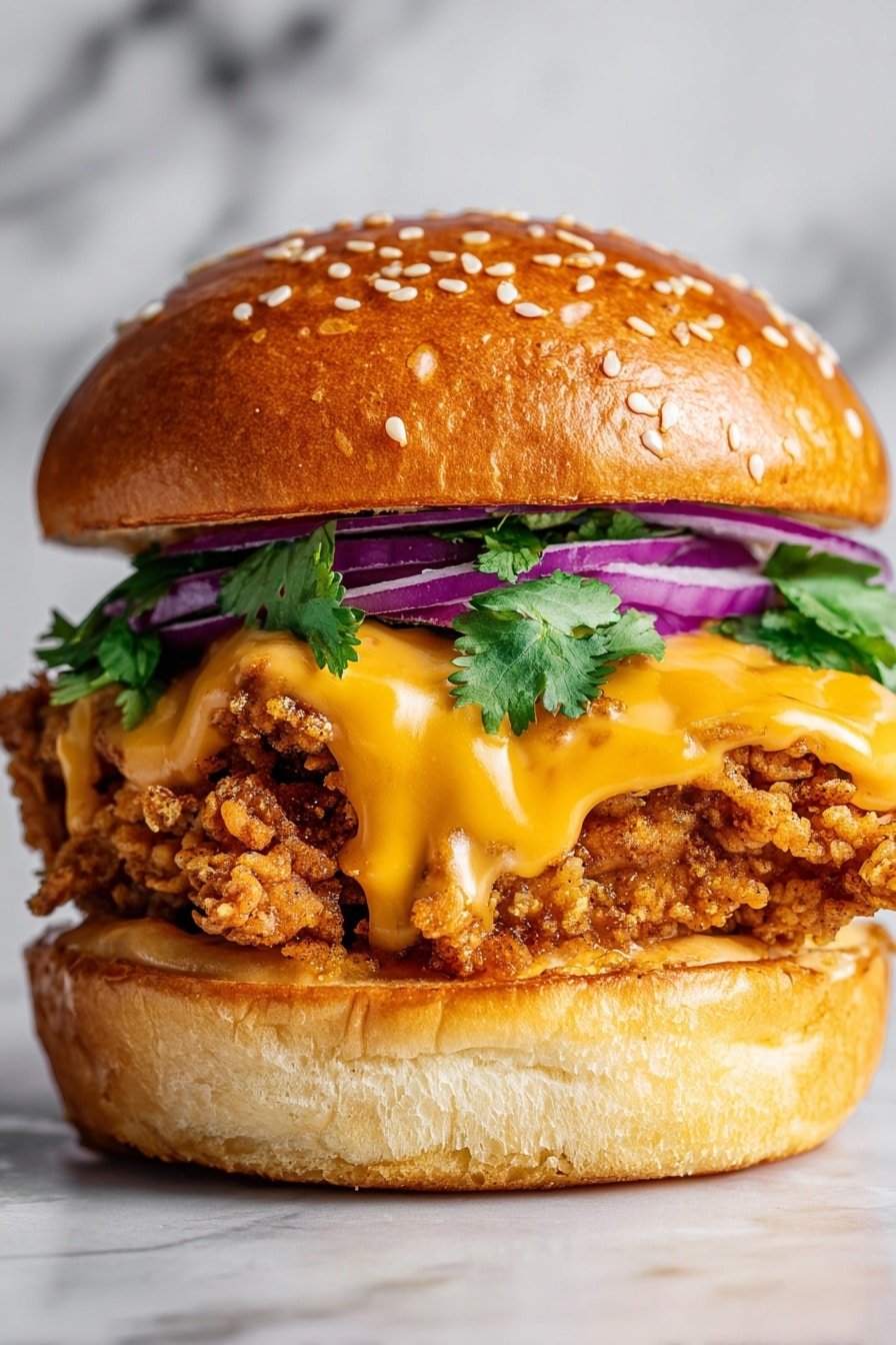 The image shows a close-up of a sandwich with multiple layers. The sandwich bun on top is golden brown and shiny, covered with white, black, and beige sesame seeds. Below the bun, there is a layer of fresh green leaves, likely cilantro, followed by a thick, crispy fried piece of food dripping with bright yellow sauce. Below the fried layer, there are thin slices of purple and white onions on top of green herbs, all sitting on the bottom golden toasted bun. The background is a smooth purple, and the sandwich sits on a white marbled surface. Photo taken with an iphone --ar 2:3 --v 7 — Crispy Bang Bang Chicken Sandwich, crispy chicken sandwich with bang bang sauce, homemade chicken sandwich recipe, spicy crispy chicken sandwich, easy chicken sandwich ideas