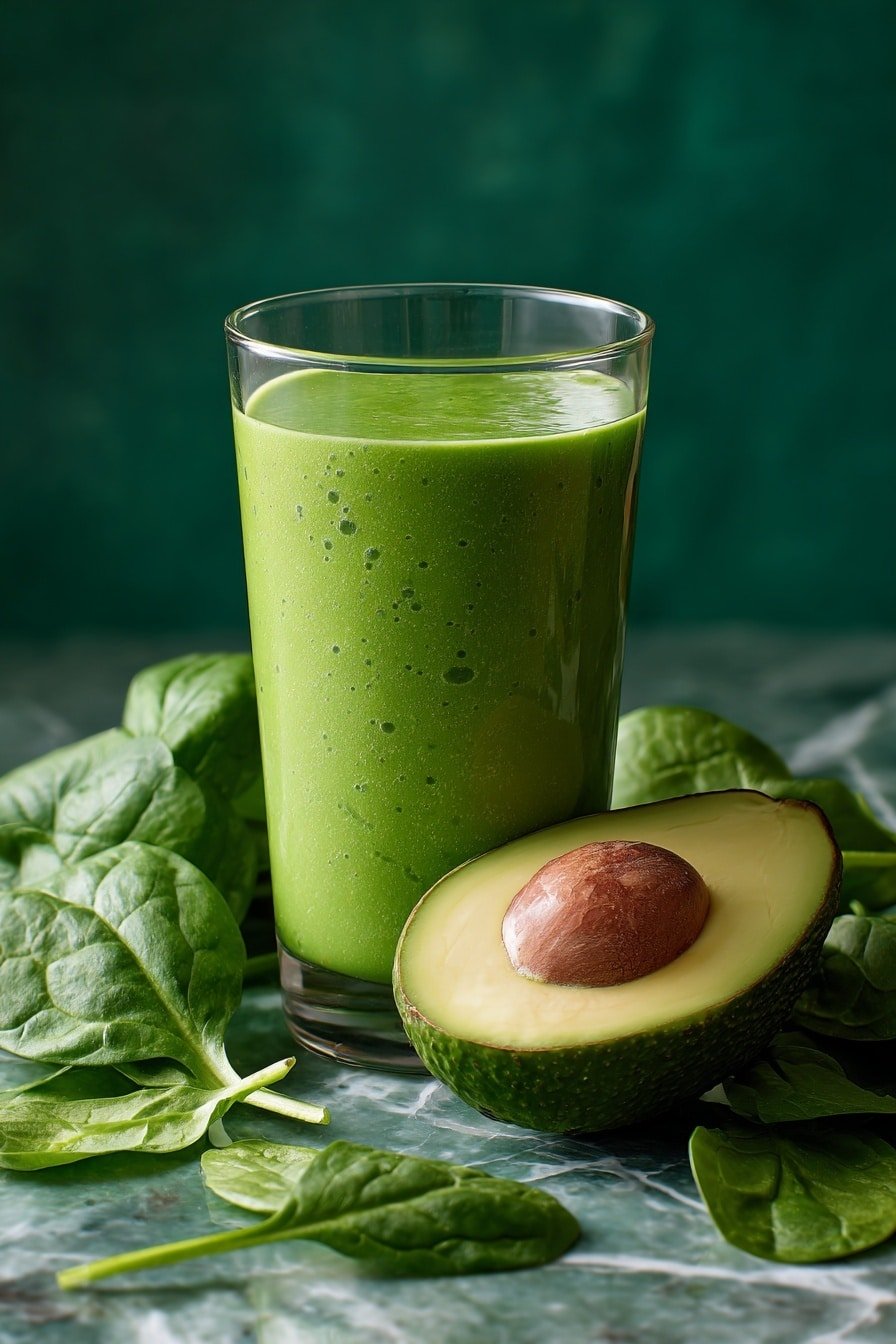 A clear glass filled nearly to the top with a thick, bright green smoothie, smooth in texture with tiny bubbles visible on the surface. Around the glass, fresh spinach leaves and a halved avocado with a large brown seed are placed on a white marbled surface. The background is dark green, giving contrast to the vibrant green colors of the smoothie and vegetables. photo taken with an iphone --ar 2:3 --v 7 — Healthy Green Smoothie, green smoothie recipe, nutritious green smoothie, healthy breakfast drinks, fresh fruit and greens smoothie