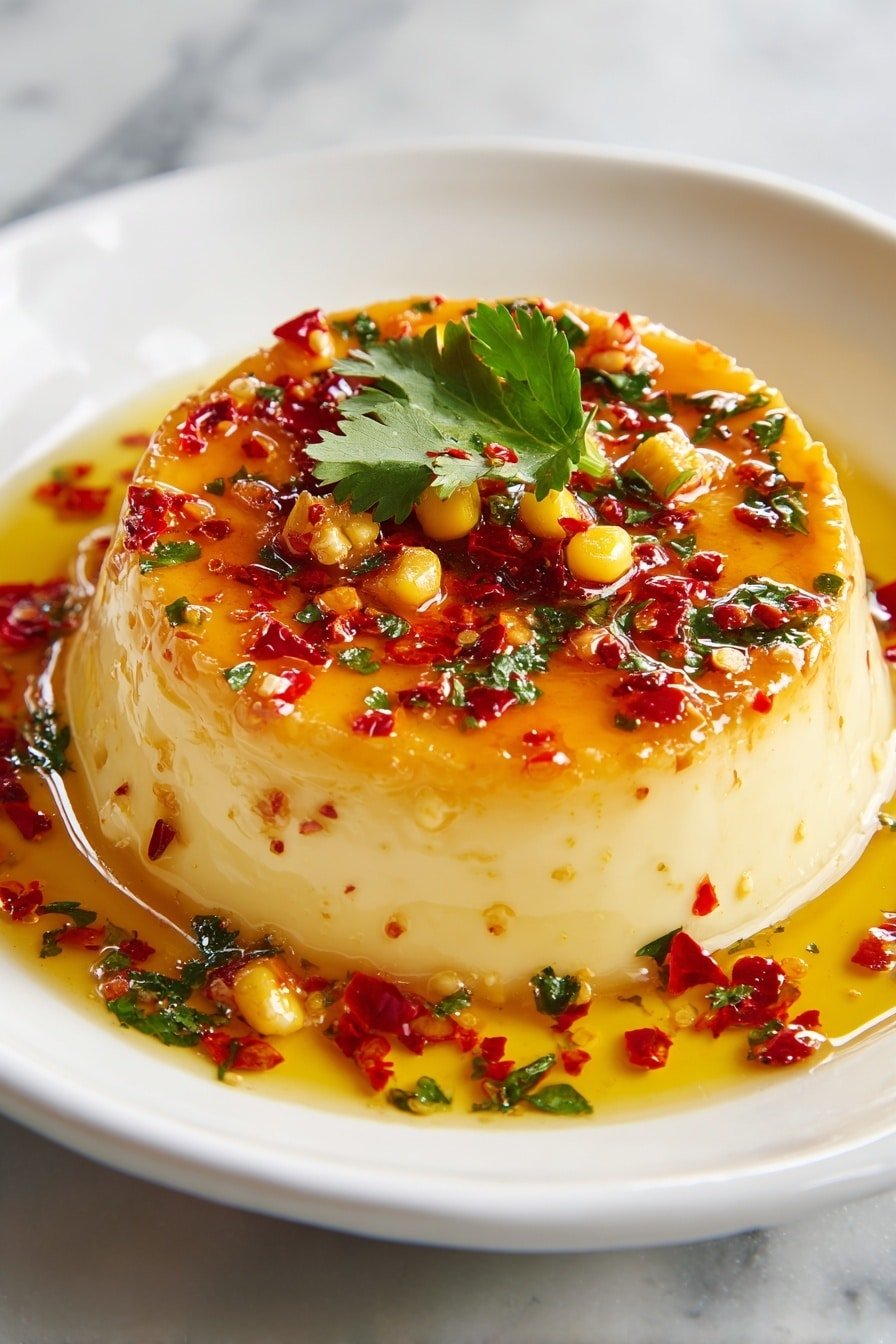 A single round layer of creamy pale yellow pudding sits in the center of a white plate, topped with a glossy, caramelized golden-brown crust sprinkled with small red chili flakes and chopped green herbs. Small pieces of yellow corn and a sprig of fresh bright green cilantro rest on top, while the plate is edged with a drizzle of golden oil mixed with more red chili flakes and bits of chopped herbs, all on a white marbled surface. photo taken with an iphone --ar 2:3 --v 7 — Savory Corn Panna Cotta with Chili Lime Drizzle, Corn Panna Cotta recipe, Savory panna cotta ideas, Corn and chili lime appetizer, Easy savory corn dishes