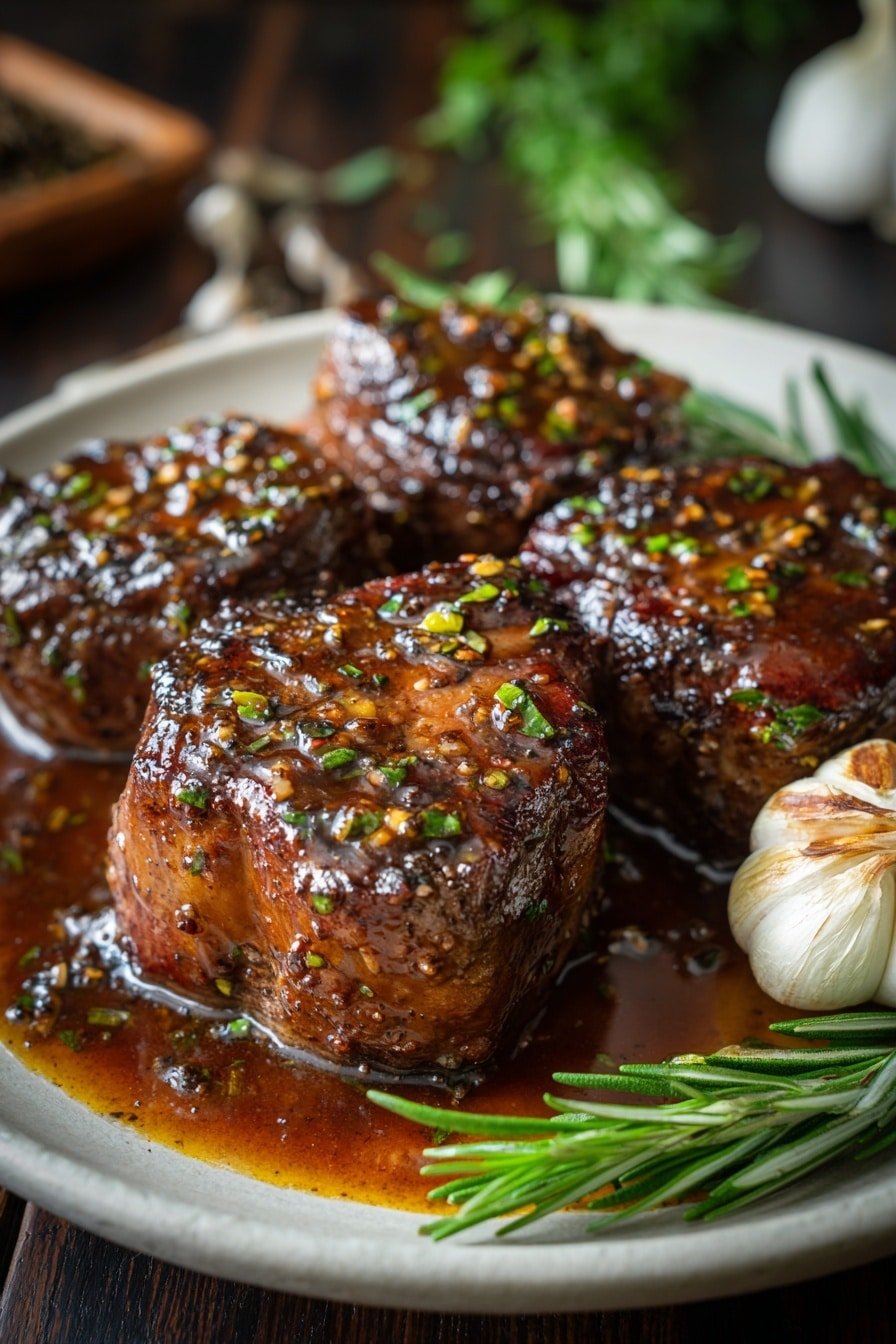 The image shows four thick, glazed pieces of meat with a shiny dark brown sauce that covers their surface, sprinkled with small green herb bits and cracked black pepper. The meat pieces are closely placed on a round white plate with a light texture. To the right of the meat, there is a whole clove of garlic and a few sprigs of fresh rosemary with dark green needle-like leaves. The plate is on a dark wooden surface with a blurred background. The lighting highlights the glossy sauce and meat texture, making it look juicy and rich. Photo taken with an iphone --ar 2:3 --v 7 — Skillet Lamb Chops with Honey Garlic Red Wine, lamb chop recipes, red wine lamb dishes, easy lamb chop dinner ideas, gourmet lamb recipes