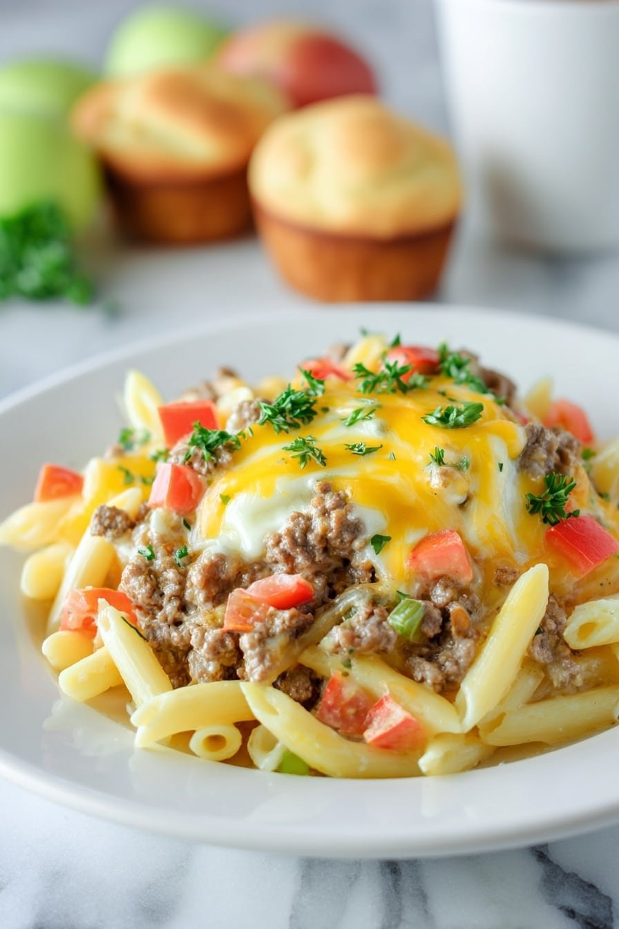 A white bowl on a white marbled surface holds a pasta dish with about three layers: the first layer is light-yellow penne pasta, the second layer has light brown ground meat mixed with green bell pepper pieces, and the third layer is topped with small red tomato chunks, shredded yellow cheddar cheese, melted white cheese, and small green parsley leaves scattered on top. In the blurred background, two golden brown muffins and a green apple are visible. photo taken with an iphone --ar 2:3 --v 7 — Creamy Cheeseburger Alfredo Pasta, cheeseburger pasta recipe, creamy pasta with beef, easy cheeseburger pasta, indulgent pasta dinner