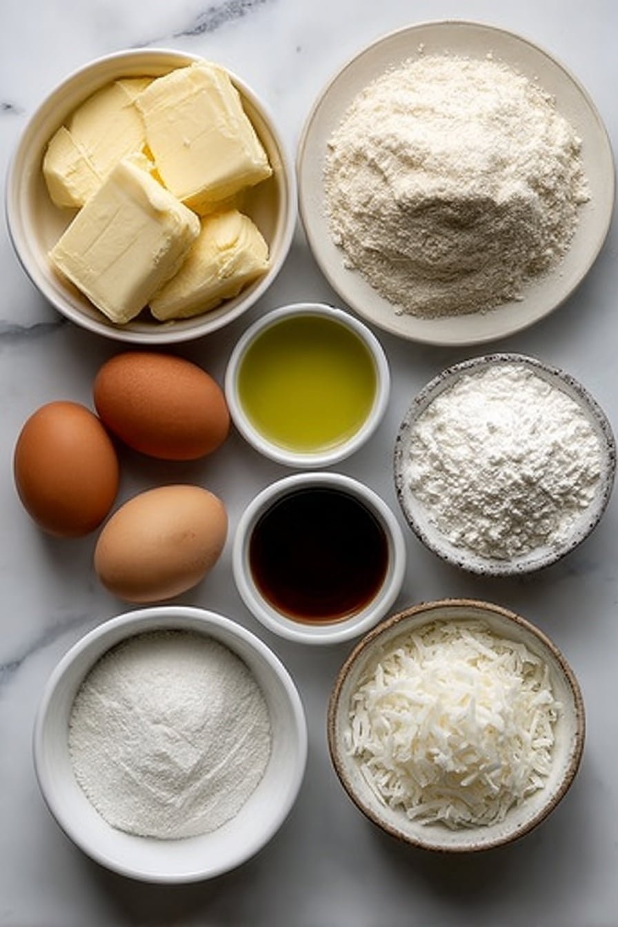 Flat lay of unsalted butter melted in a small white ceramic bowl, a small white bowl of granulated sugar, two whole brown eggs with clean shells, a small white bowl of coconut milk, a small white bowl of vanilla extract, a small white bowl of pandan extract, a neat mound of sweet rice flour on a white ceramic plate, a small white bowl of baking powder, a small white bowl of powdered sugar, and a small white bowl filled with shredded coconut, all arranged symmetrically in perfect proportions, placed on a clean white marble surface, soft natural light, photo taken with an iPhone, professional food photography style, fresh ingredients, white ceramic bowls, no bottles, no duplicates, no utensils, no packaging --ar 2:3 --v 7 --p m7354639359234015250 — Pandan Mochi Donuts with Coconut Glaze, Easy Pandan Mochi Donuts, Tropical Pandan Donuts with Coconut, Homemade Mochi Donuts with Coconut Glaze, Soft Pandan Rice Flour Donuts