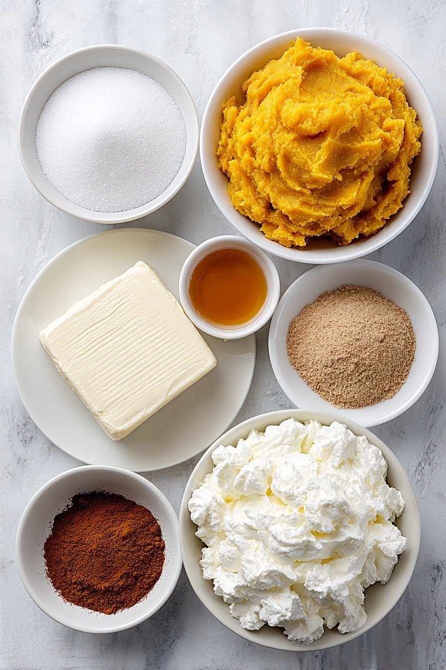 Flat lay of a small block of cream cheese softened to a smooth texture on a simple white ceramic plate, a small white bowl filled with granulated white sugar, a tiny white bowl holding amber vanilla extract, a small white bowl with warm brown cinnamon powder, another small white bowl with mixed pumpkin pie spice powder, a small white bowl heaped with bright orange pumpkin puree, a large white ceramic bowl filled with fluffy thawed Cool Whip, an extra small white bowl with a dollop of fresh whipped cream, and a delicate white ceramic bowl containing a sprinkle of ground cinnamon powder, all arranged in perfect symmetry and balanced proportions, placed on a clean white marble surface, soft natural light, photo taken with an iPhone, professional food photography style, fresh ingredients, white ceramic bowls, no bottles, no duplicates, no utensils, no packaging --ar 2:3 --v 7 --p m7354639359234015250 — Cream Cheese Pumpkin Mousse, pumpkin mousse dessert, autumn pumpkin recipes, easy pumpkin mousse, festive pumpkin dessert