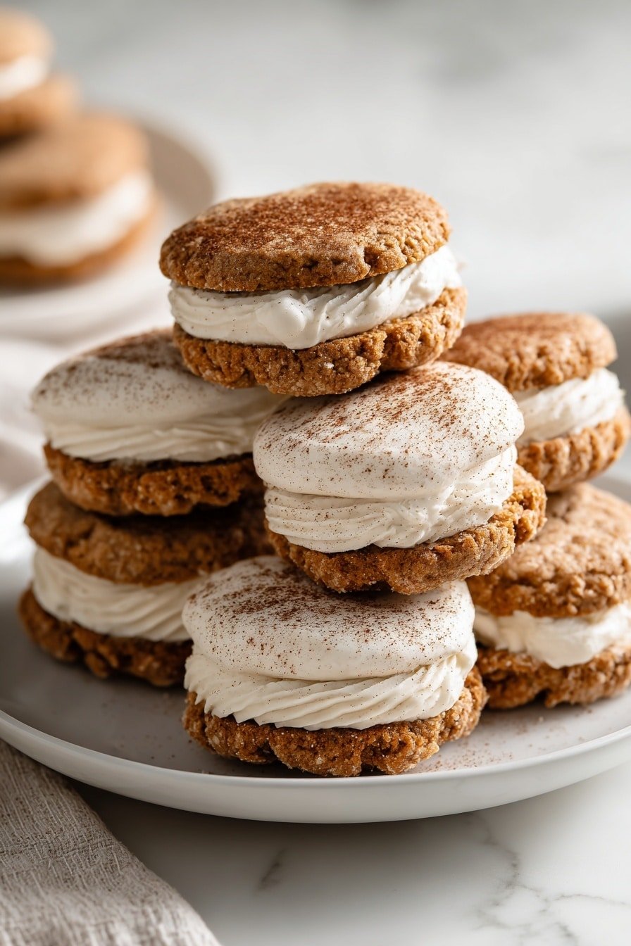 The image shows a stack of six sandwich cookies arranged on a white plate set on a white marbled surface. Each cookie has two rough-textured, golden-brown cookie layers with a thick, creamy white frosting layer in between. The frosting is also spread on top of some cookies and lightly dusted with a brown powder, likely cinnamon or cocoa, giving a speckled look. The cookies have a rustic, homemade appearance with slightly irregular shapes and edges. Photo taken with an iphone --ar 2:3 --v 7 — Pumpkin Cheesecake Cookies, fall cookie recipes, pumpkin spice cookies, easy holiday cookies, creamy cheesecake cookies