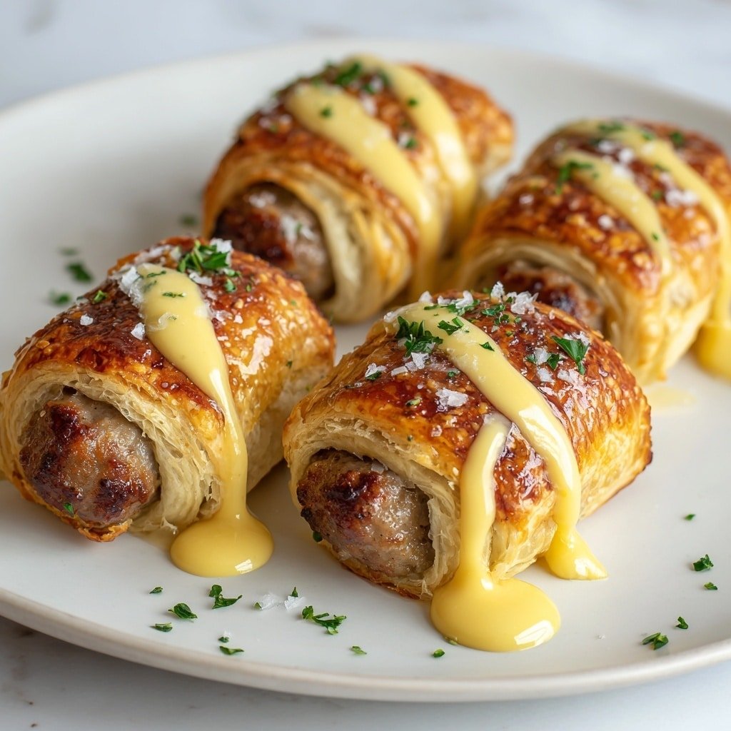 Cheese-Stuffed Pigs in a Blanket Recipe - Article Image 1 — Cheese-Stuffed Pigs in a Blanket, cheesy pigs in a blanket, savory sausage appetizer, flaky puff pastry snacks, easy party finger foods