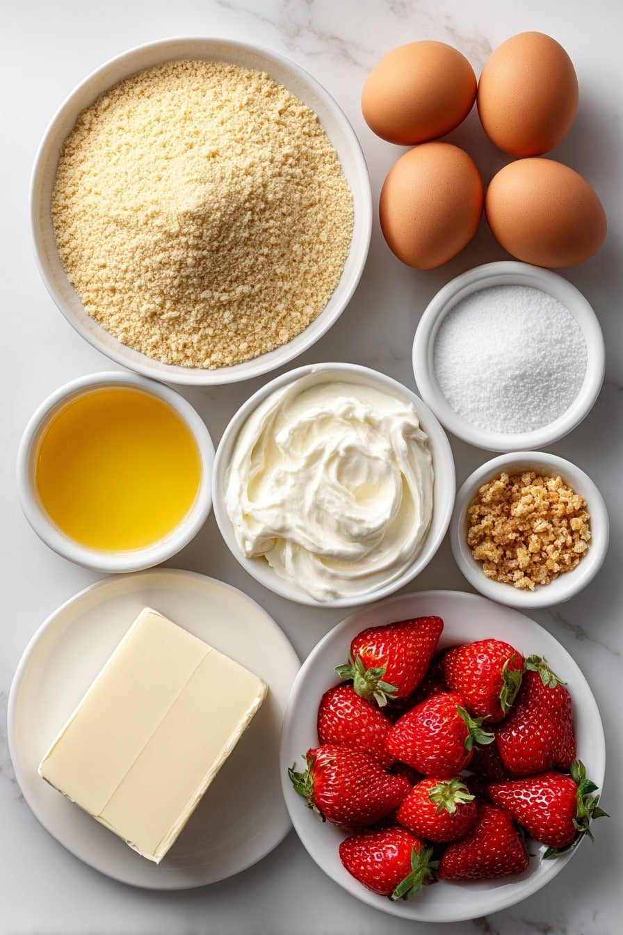 Strawberry Crunch Cheesecake Recipe - Ingredients Image — Strawberry Crunch Cheesecake, strawberry crunch cheesecake, easy strawberry cheesecake, layered strawberry dessert, homemade strawberry cheesecake