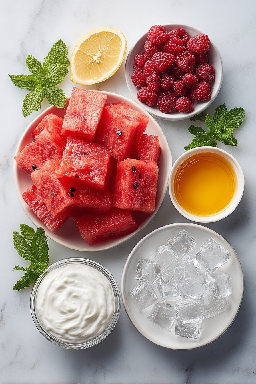 Watermelon Raspberry Smoothie Recipe - Ingredients Image — Watermelon Raspberry Smoothie, Watermelon Raspberry Smoothie recipe, healthy watermelon raspberry smoothie, easy fruit smoothie, refreshing summer smoothie