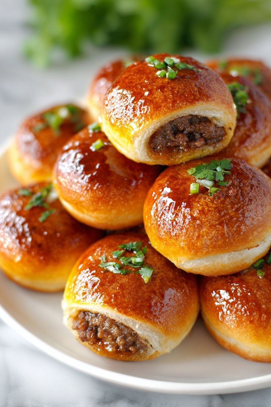 Garlic Butter Cheeseburger Rollups Recipe - Article Image 2 — Garlic Butter Cheeseburger Rollups, Cheeseburger Rollups, Easy Cheeseburger Appetizer, Stuffed Bread Rollups, Savory Beef Rollups