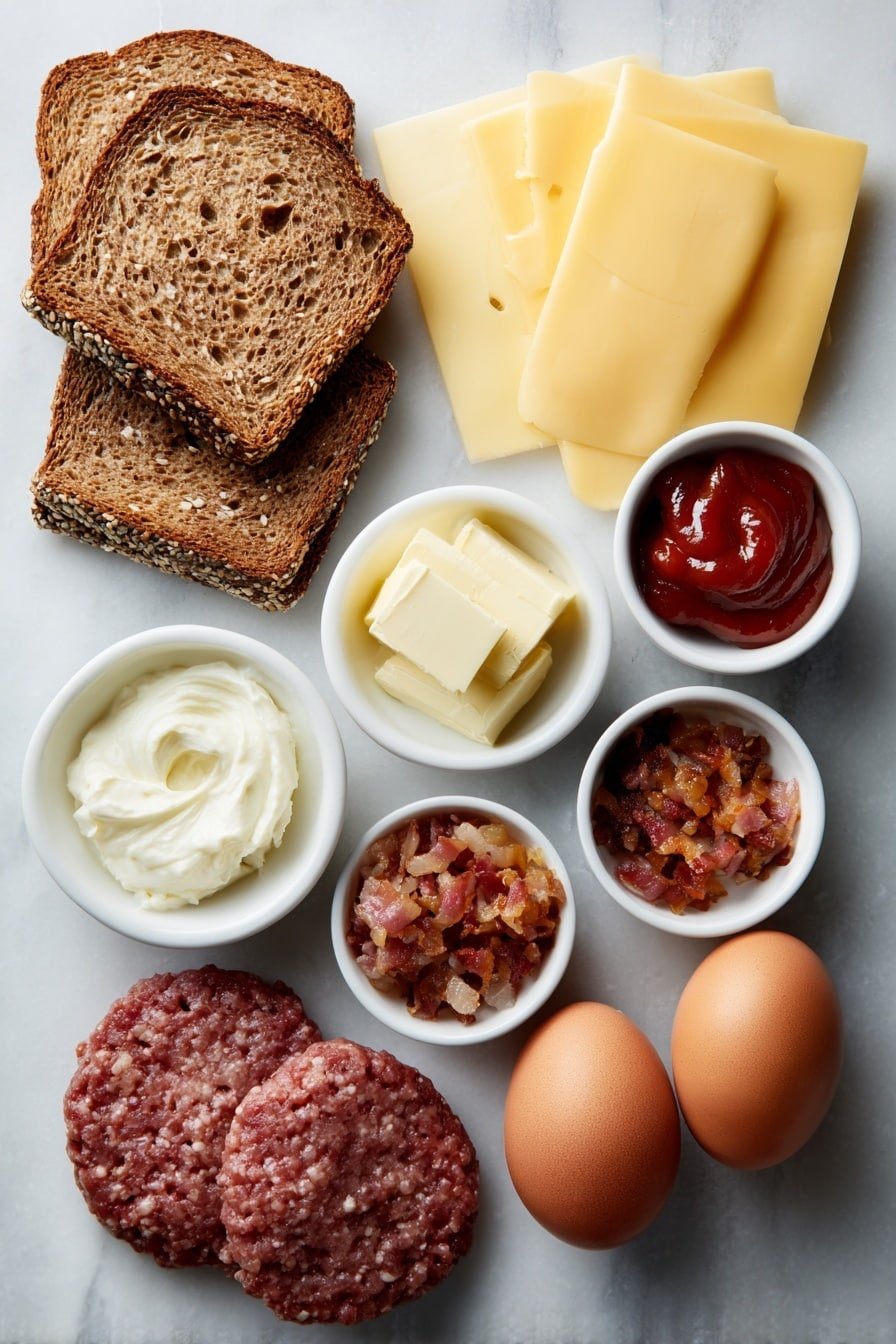 Classic Patty Melt Sandwich Recipe - Ingredients Image — Classic Patty Melt Sandwich, hearty beef sandwich recipe, nostalgic grilled cheese with beef, easy patty melt lunch idea, savory melt sandwich recipe