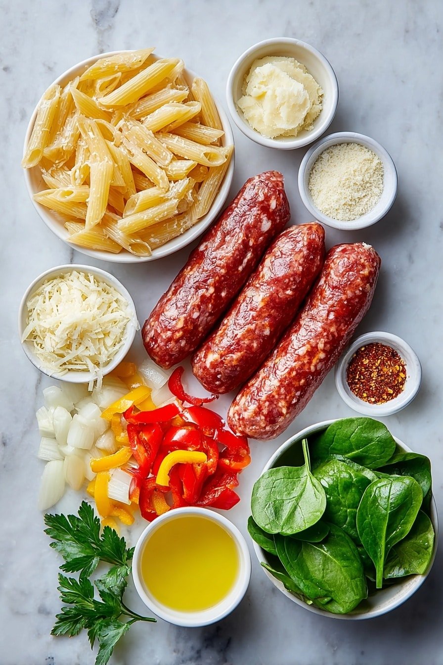 Creamy Cajun Beef Sausage Pasta Recipe - Ingredients Image — Creamy Cajun Beef Sausage Pasta, Cajun sausage pasta, creamy seafood pasta, quick one-pot dinner recipes, flavorful pasta dishes