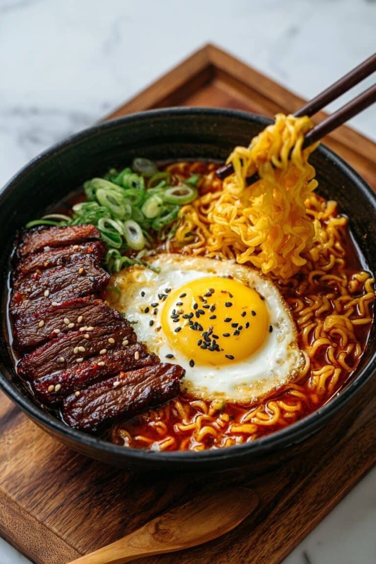 Spicy Korean Ramen with Beef and Creamy Sauce Recipe