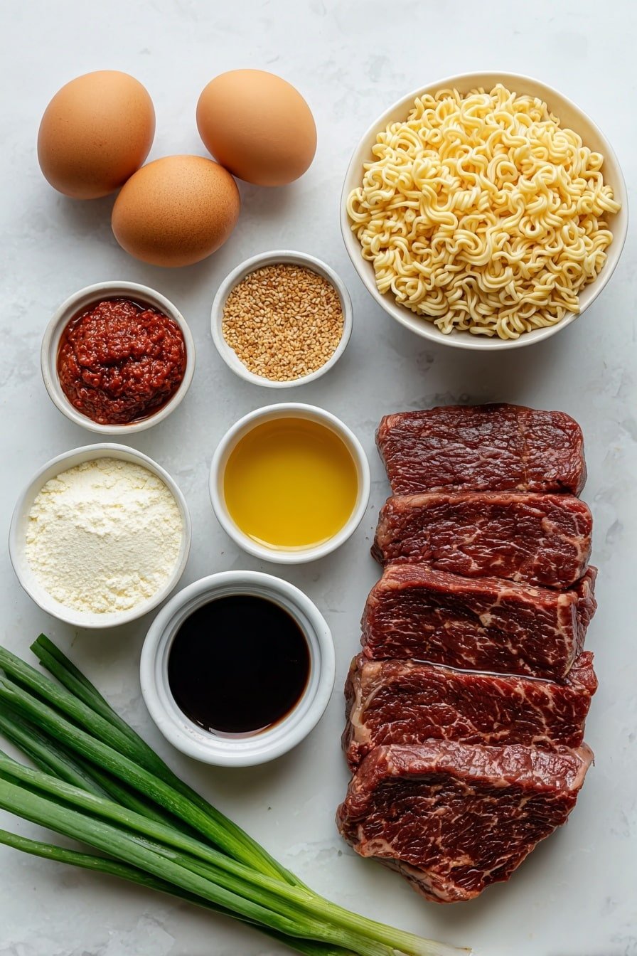 Spicy Korean Ramen with Beef and Creamy Sauce Recipe - Ingredients Image — Spicy Korean Ramen with Beef and Creamy Sauce, Korean spicy ramen with beef, creamy spicy ramen recipe, Korean-inspired beef ramen, easy spicy ramen dinner