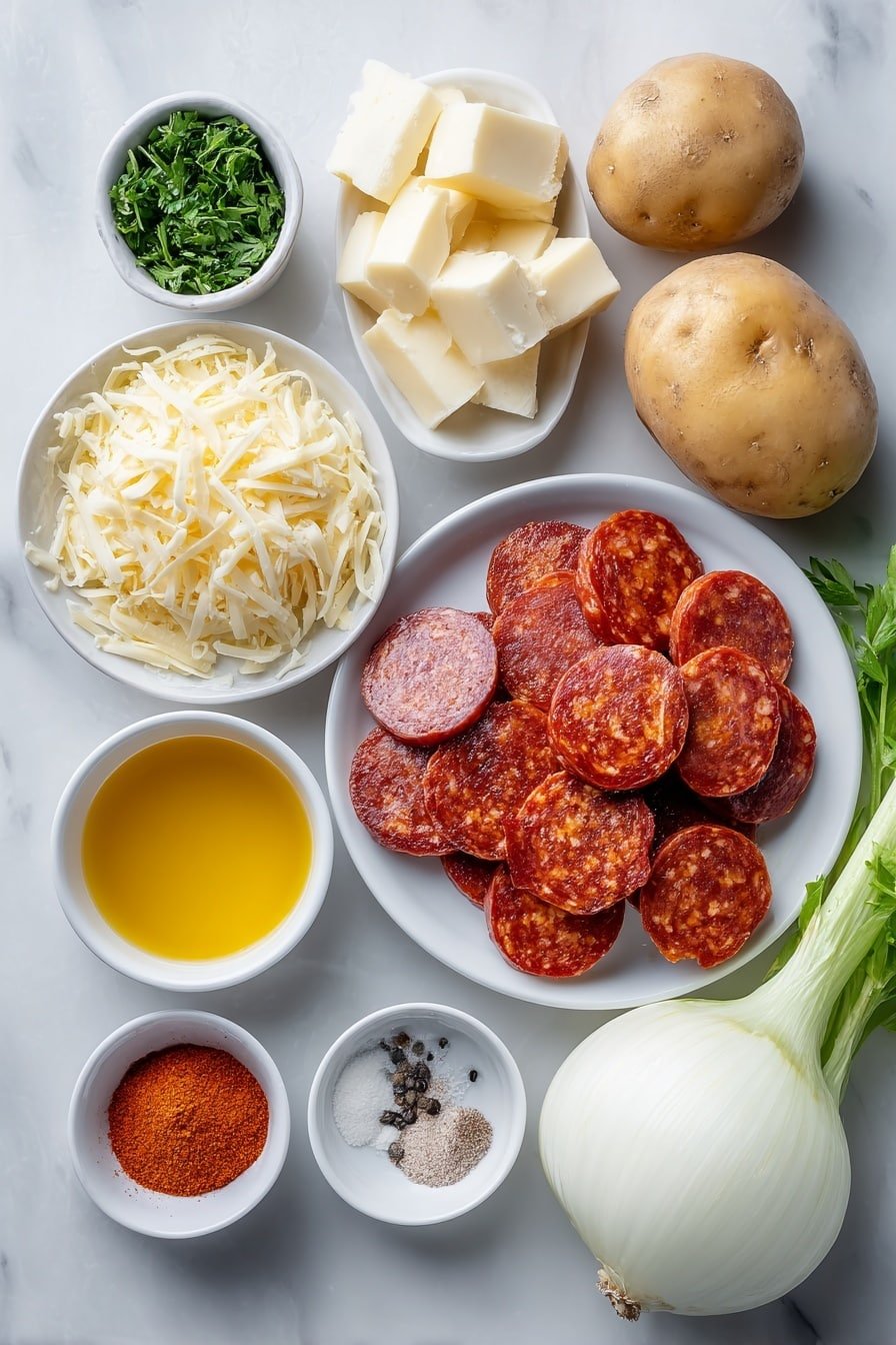 Cajun Sausage Potato Soup Recipe - Ingredients Image — Cajun Sausage Potato Soup, Cajun sausage soup, spicy potato soup, hearty Cajun soup, easy Cajun sausage recipe