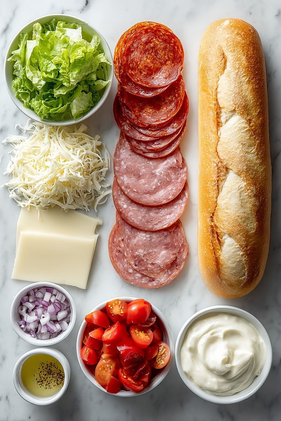 Viral Italian Chopped Sandwich Recipe - Ingredients Image — Viral Italian Chopped Sandwich, Italian sandwich recipe, chopped sandwich ideas, quick Italian lunch, hearty cold sandwich
