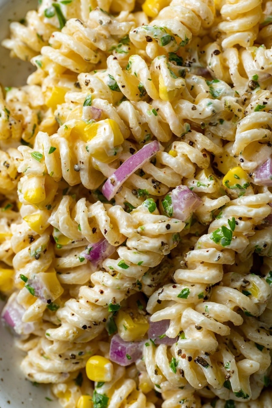 Street Corn Pasta Salad Recipe - Article Image 1 — Street Corn Pasta Salad, Mexican-inspired pasta salad, easy summer pasta dish, flavorful corn pasta salad, quick veggie pasta salad